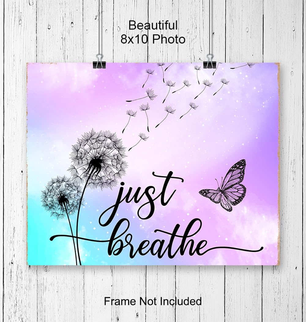 Just Breathe Wall Art - positive Quotes Purple Office Wall Decor for Women - Farmhouse Bedroom Inspirational Wall Decor - Motivational Shabby Chic Art - Zen Spa Wall Art, Butterfly Print