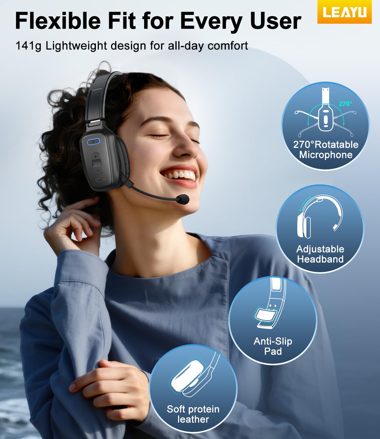 Bluetooth Headset, 60hrs AI Noise Canceling V5.2 Over Head Headphones, Single Ear Trucker Wireless Headset with Mic, Mute Button, Multipoint, for Phones PC Computer Truck Driver Office Work - Black