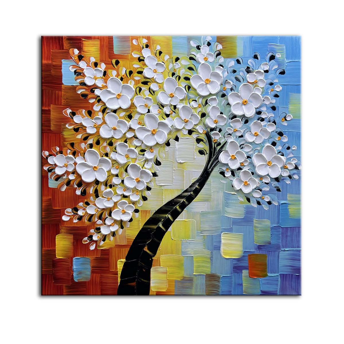 YaSheng Art - 24x24inch Wall Art,Hand Painted oil painting, Modern Abstract Floral Oil Painting, Dining Room Wall Decor, Bedroom Wall Decor, 3D Textured Framed White Floral Paintings, Modern Home Office Wall Decor