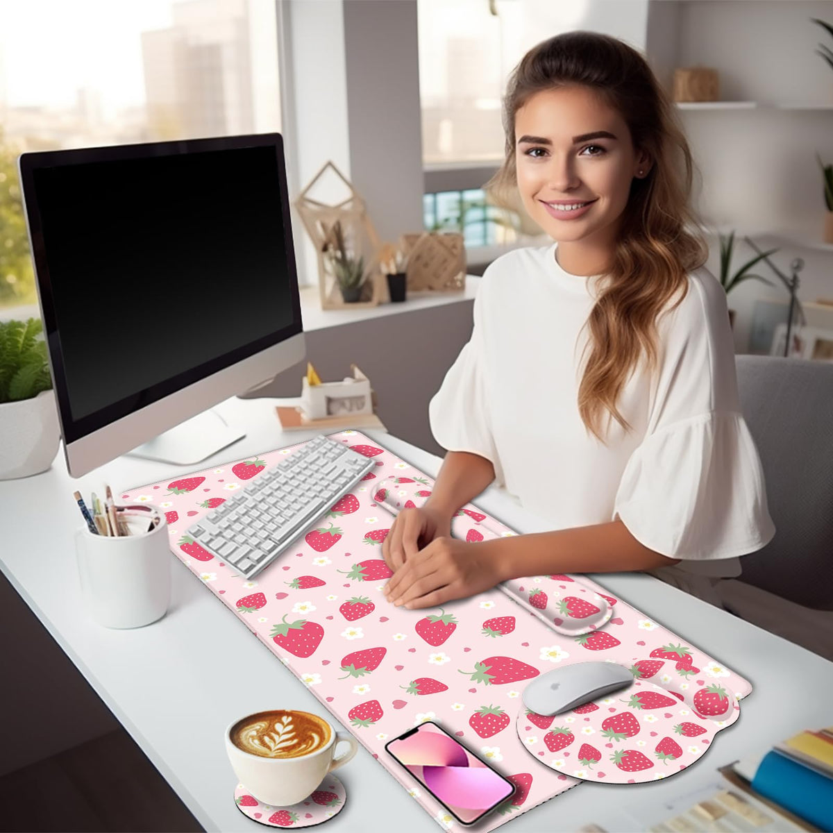 LIMKRIAN Strawberry Mouse Pad Desk Mat Set, Pink Ergonomic Mouse Pad with Wrist Rest, Large Gaming Mousepad Wrist Support Keyboard Mat Cup Coaster Set, Cute Office Desk Decor Accessories Supplies