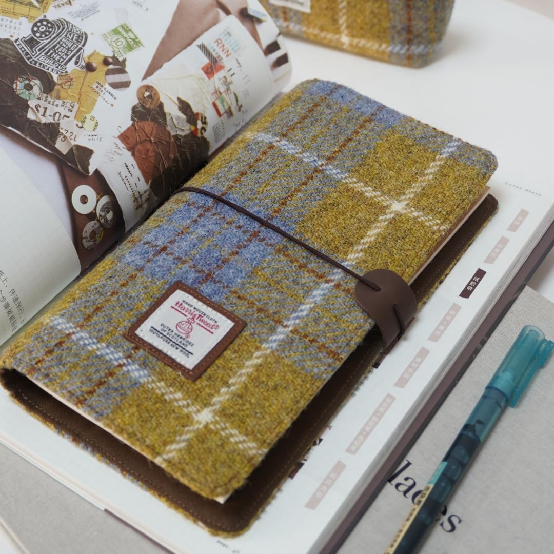 TAILORMAP Harris Tweed Travel Journal, Soft Cover Travelers Notebook - 8.7" x 5.0",Refillable with One Blank Inserts, Standard Size (Yellow Blue Plaid)