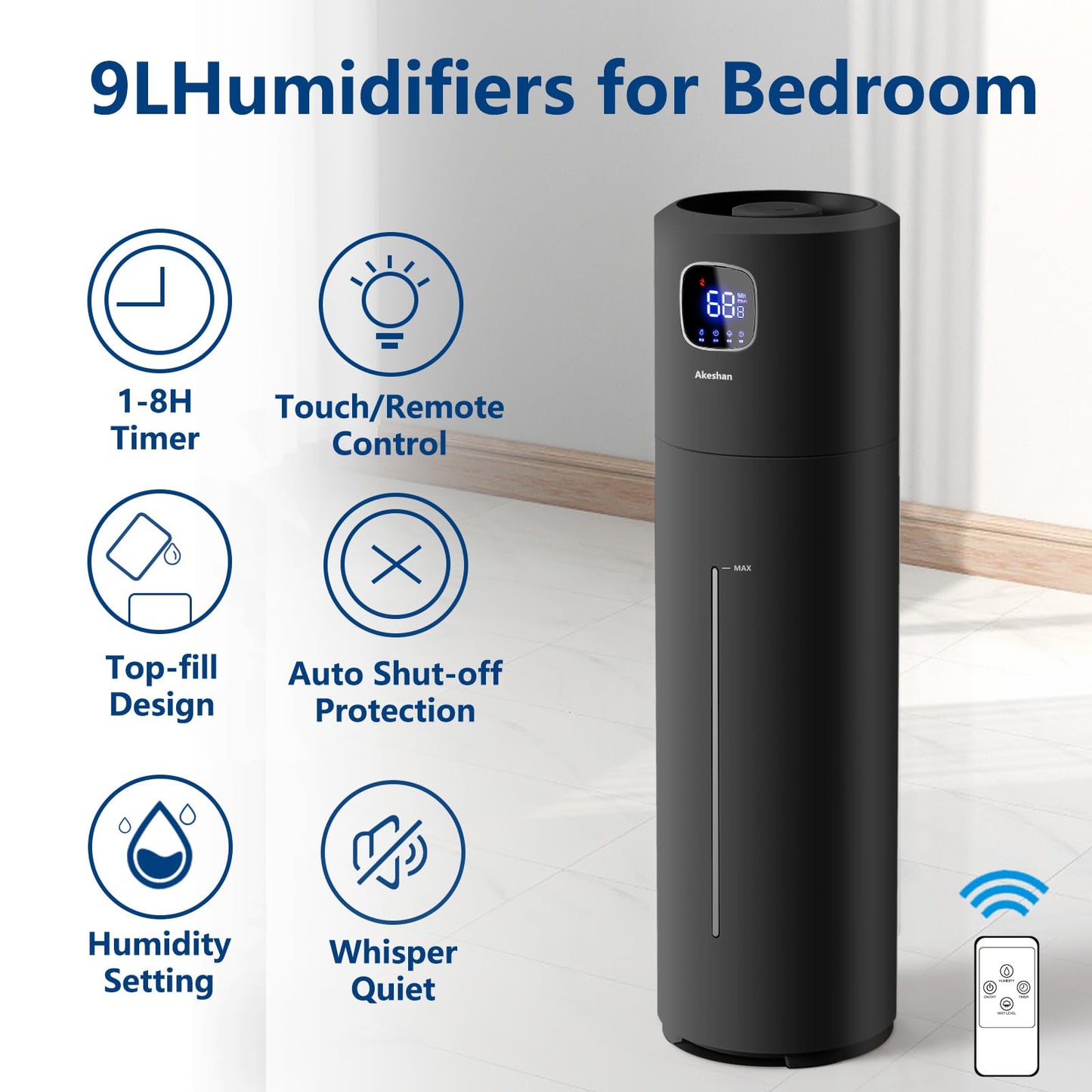 Akeshan Large Humidifiers for Bedroom, 9L/2.5Gal Ultrasonic Cool Mist, Top Fill Easy Clean with 350ML/H Mist Speed, Quiet, Suitable for Kids Room Plant Yoga Office Study Room Living (Black, Round)