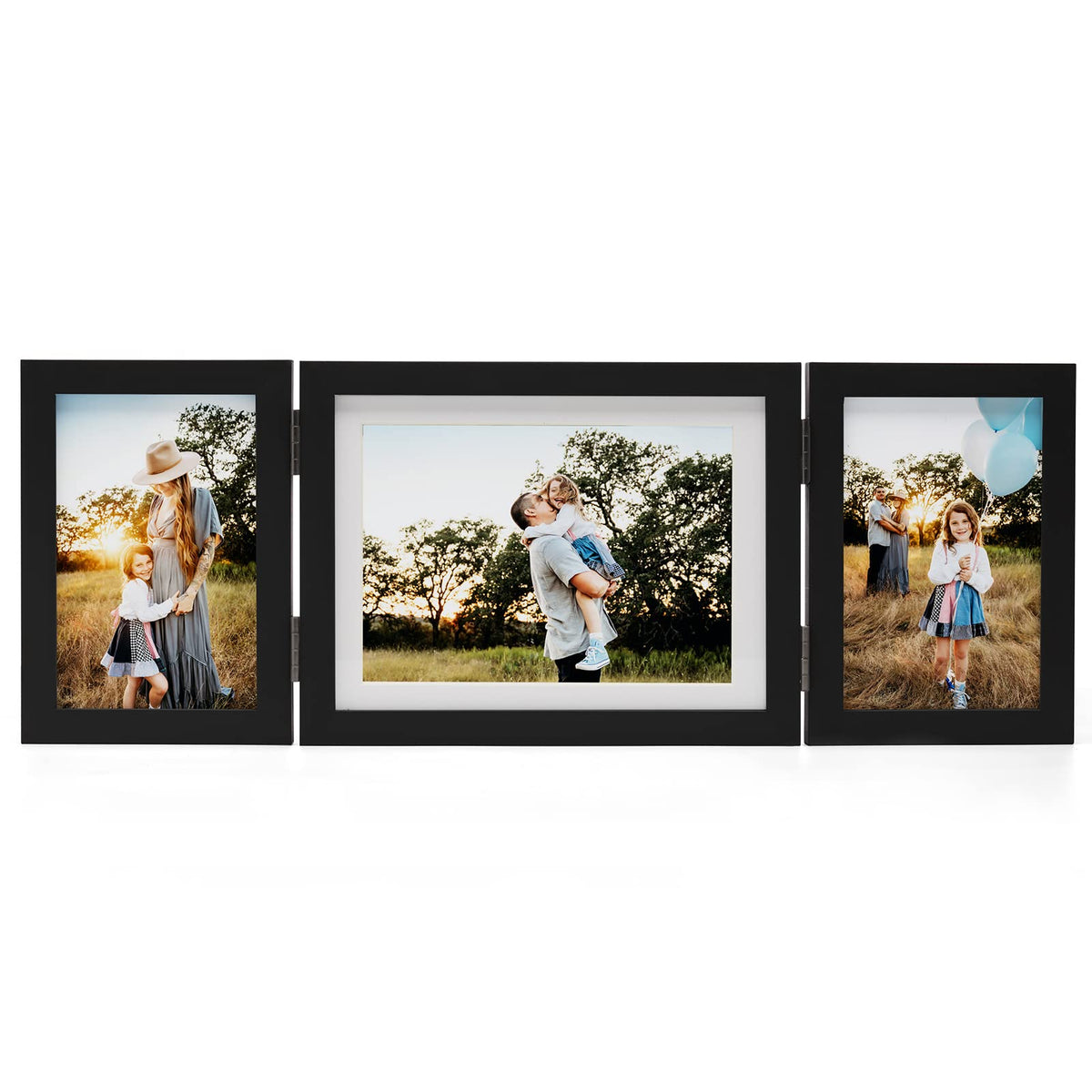 Janreefan 3 Vertical Horizontal 4X6 and 5X7 Picture Frames Hinged Folding Photo Frames in Black for Wall Hanging or Tabletop Standing, Made of Pine Wood with Real Glass P-467546-HEI