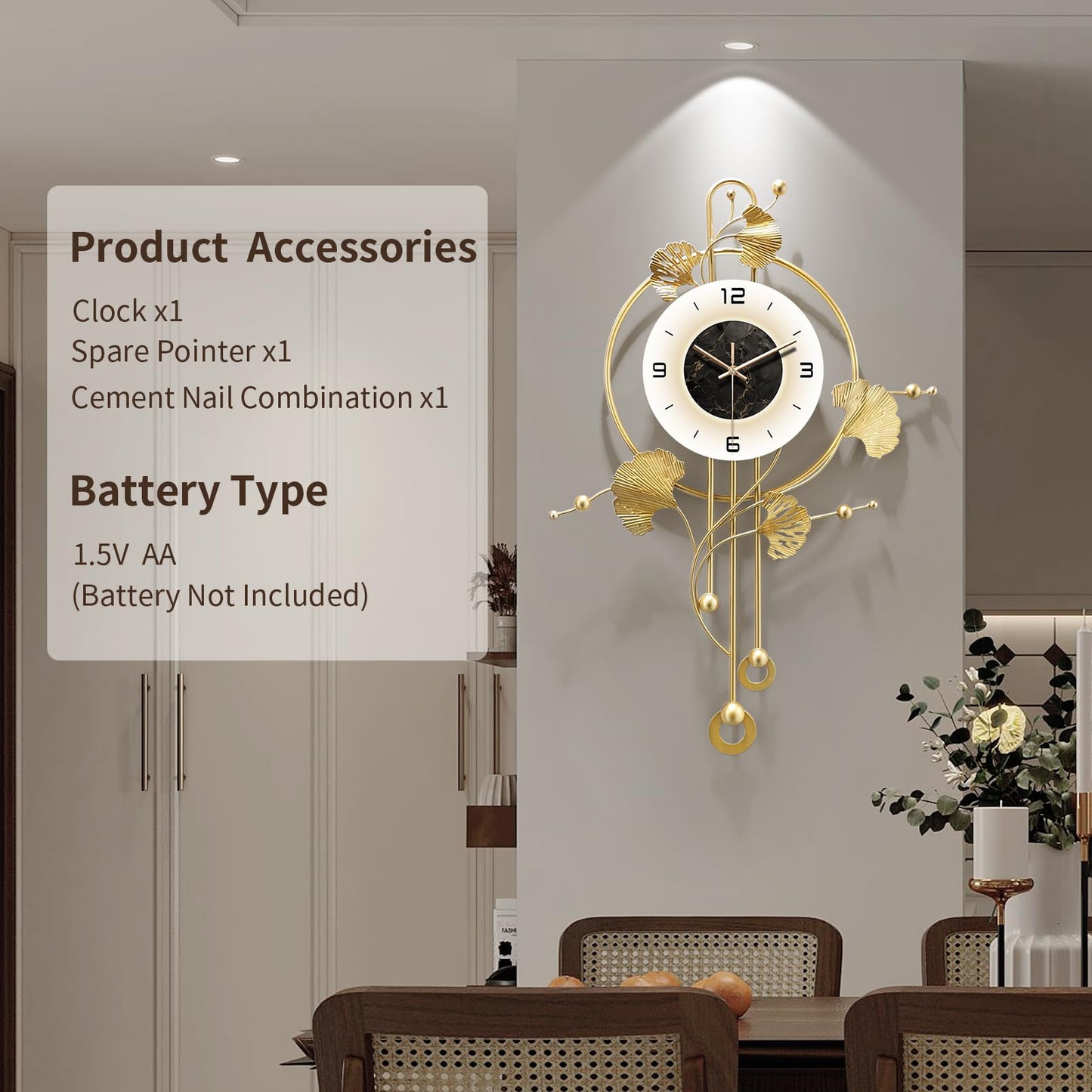 FIXNEO Wall Clock, Large Gold Wall Clock for Living Room Decor，Unique Office Clocks Battery Operated，Oversized Modern Wall Art for Bedroom,Farmhouse,Office Wall Decor 17.7 X 28.3 Inches