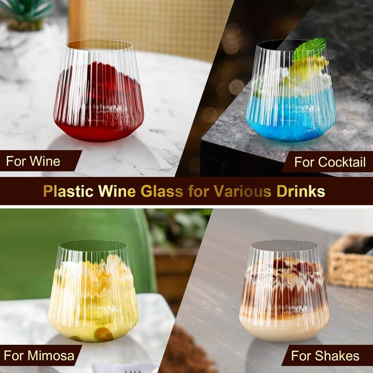 Lueumxc 40 Pack Plastic Ribbed Wine Glasses, 14Oz Origami Disposable Wine Glasses Unbreakable Clear Plastic Cocktail Glasses Recyclable Shatterproof Reusable Wine Cups (14oz 40pack)