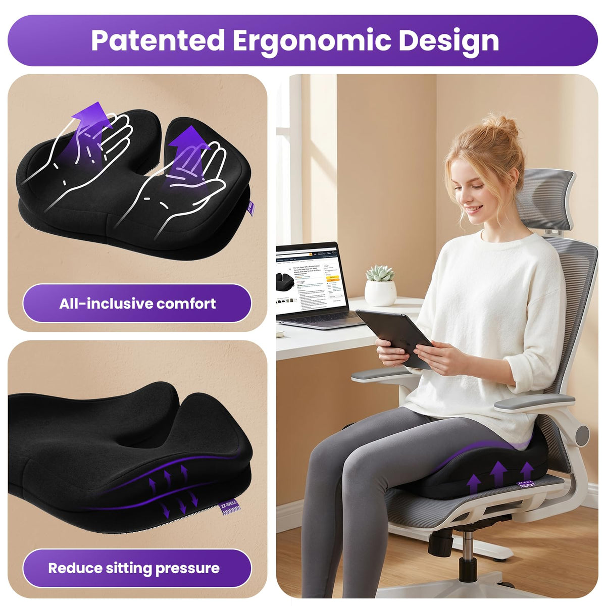 ZZ-WELL Seat Cushions for Office Chairs - Patented Coccyx Cushion for Tailbone Pain - 21.2" W x 16.5" L Memory Foam Extra Large Seat Cushion, Removable & Machine Washable Cover (Black)