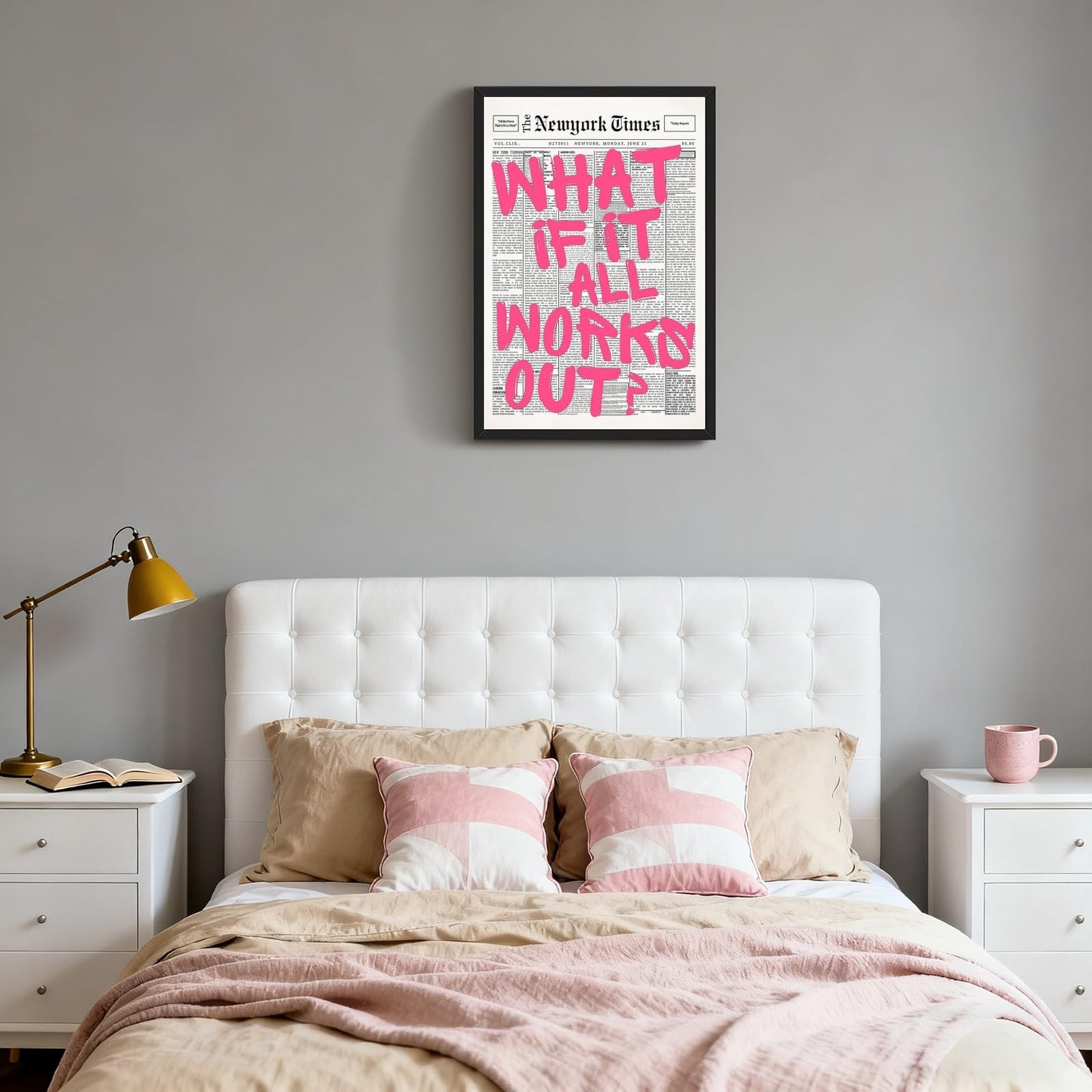 Balsuka Black Framed Trendy Newspaper Canvas Wall Decor Pink What If All Works Out Positive Affirmation Quote Wall Art Motivational Poster Print Painting for Bedroom Living Room Office 8x12inch