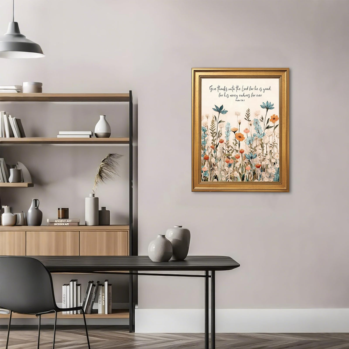 Framed Christian Scripture Wall Art Painting Give Thanks to the Lord Psalm 1361 Floral Print Inspirational Bible Verse Picture Poster Wildflower Faith Decor Canvas Artwork for Home Office 12x16inch