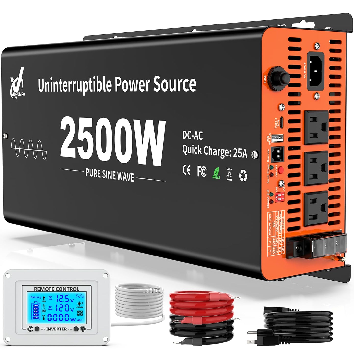 2500 Watt Sump Pump Battery Backup System, Pure Sine Wave Output, Professional Backup System in The Event of a Power Outage, Remote Controller with LCD Screen, Automatic Grid and Battery Switchover