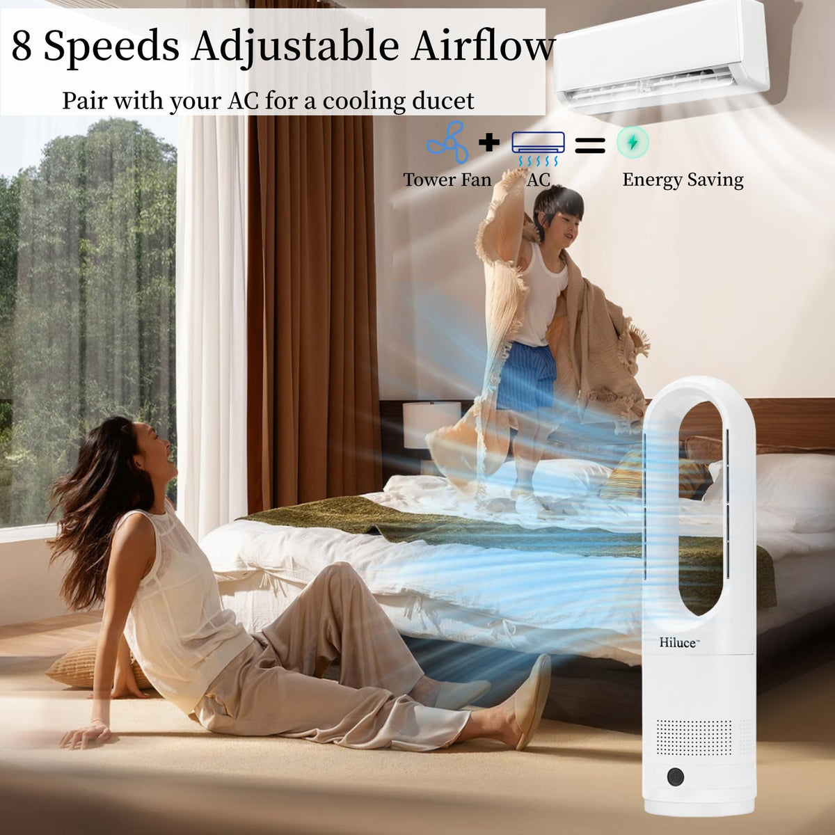 Hiluce All Season Bladeless Fan, 1400W Space Heater & 40W Tower Fan Combo with Remote,25dB Quiet Heater Fan Combo,90° Oscillation,8 Speeds, 9H Timer,Fast Safety Heat for Bedroom, Kitchen, Office 22"