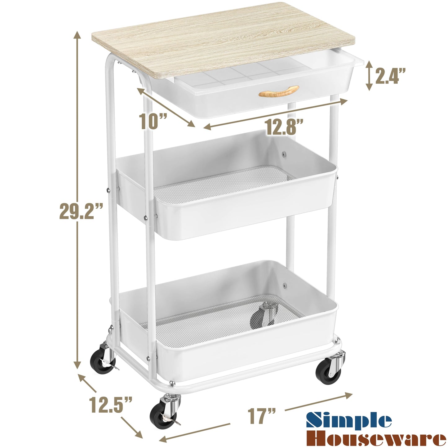 Simple Houseware 3-Tier Rolling Utility Cart with Drawer & Wood Tabletop - Mobile Sofa Side Table, Nightstand, Slim Storage Organizer Trolley for Bedroom, Bathroom, Office & Art Supplies, Maple