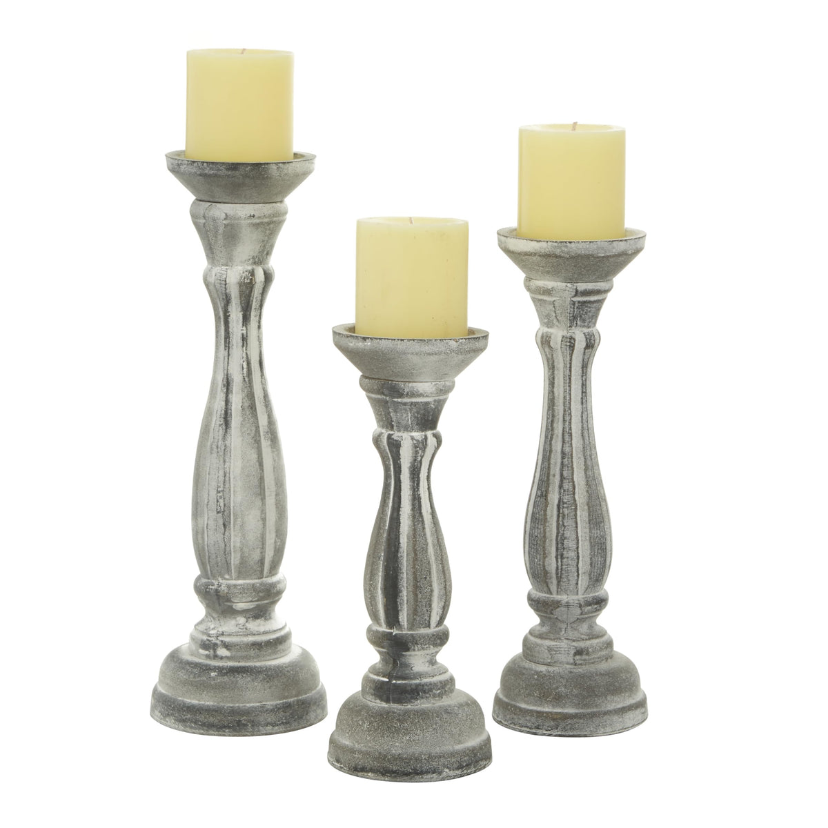 Deco 79 Wooden Decorative Candle Holder Distressed Turned Candle Stand, Set of 3 Candlestick Holder 15", 13", 11"H, Gray