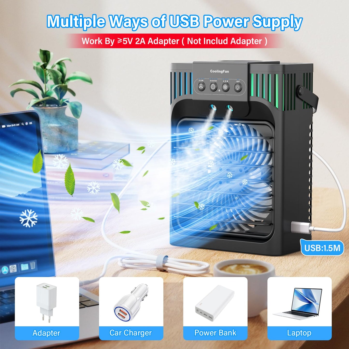 Serantzon Portable Air Conditioners, 4-in-1 Evaporative Air Cooler with Remote Control, Cooling Fan with 3 Modes, 3 Speeds & 7 LED Lights, 2-8H Timer, 1200ML Personal Mini AC Unit for Home, Bedroom