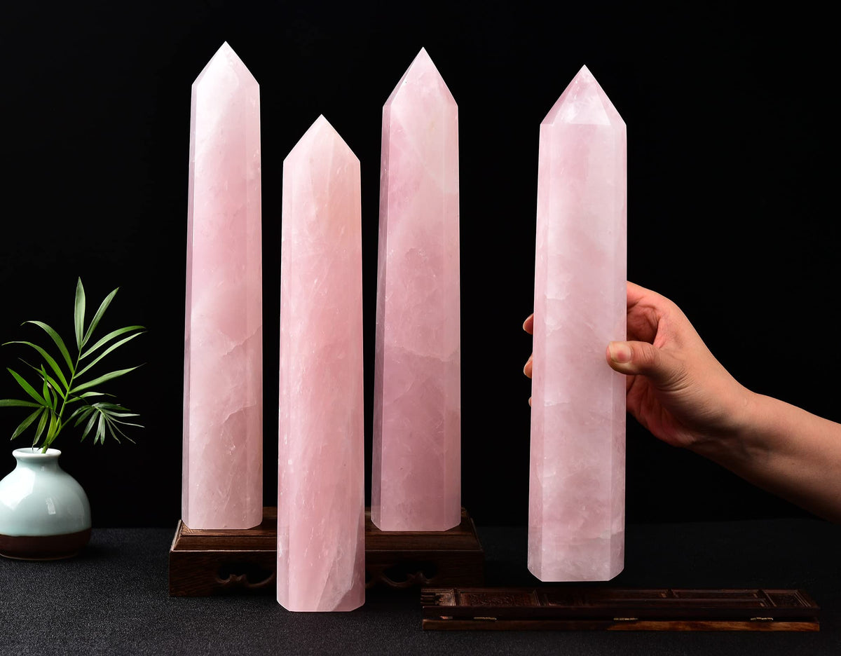 AMOYSTONE Large Healing Crystal Obelisk Tower Rose Quartz Point Wand Crystal Decor Reiki Gifts for Bignners 3.5-4.0 LBS
