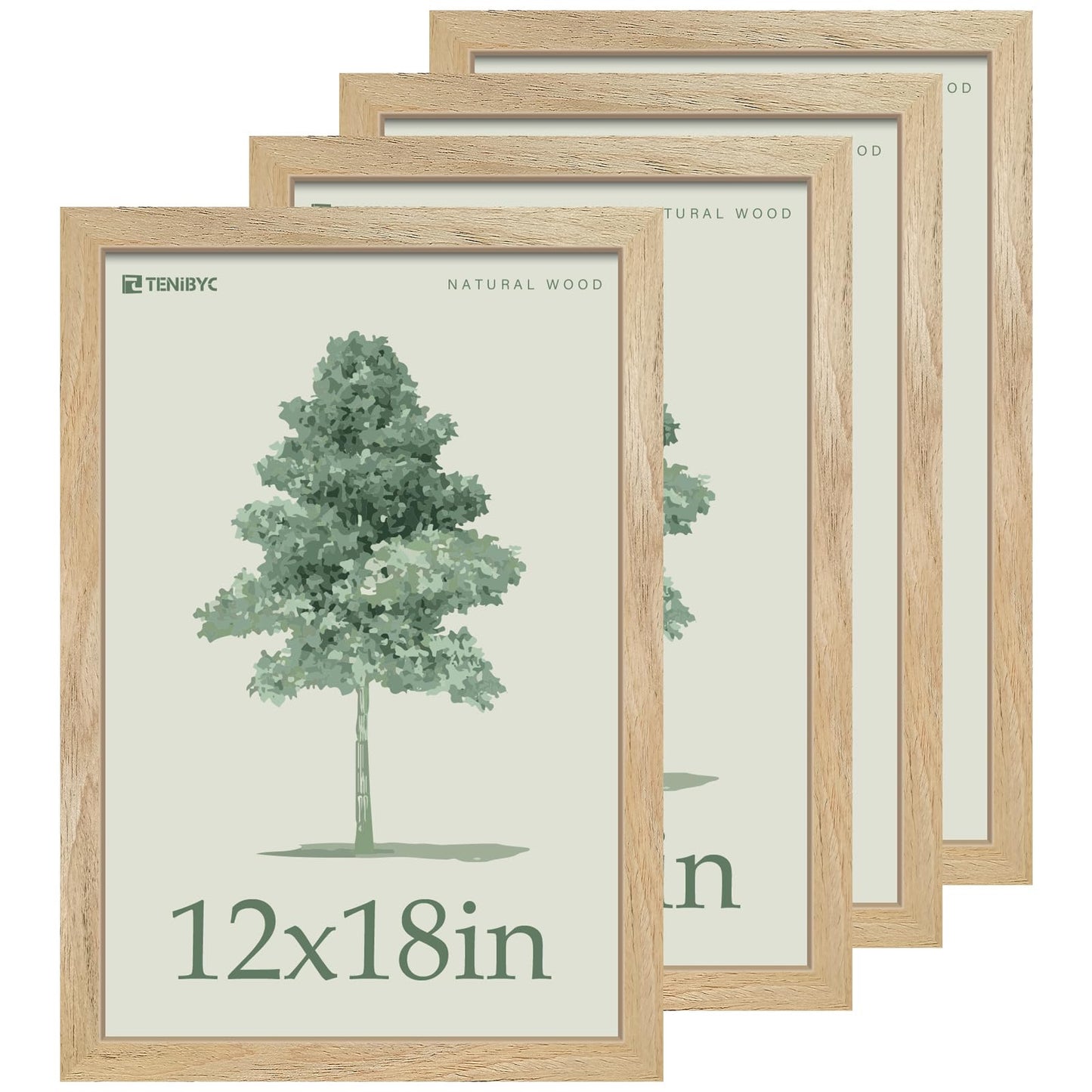 TENIBYC 12x18 Frame - 4 Pack, Natural Textured Wooden Poster Frame, HD Tempered Glass, Wall Hanging Decor for Room, Office, Gallery, Studio, and Hallway