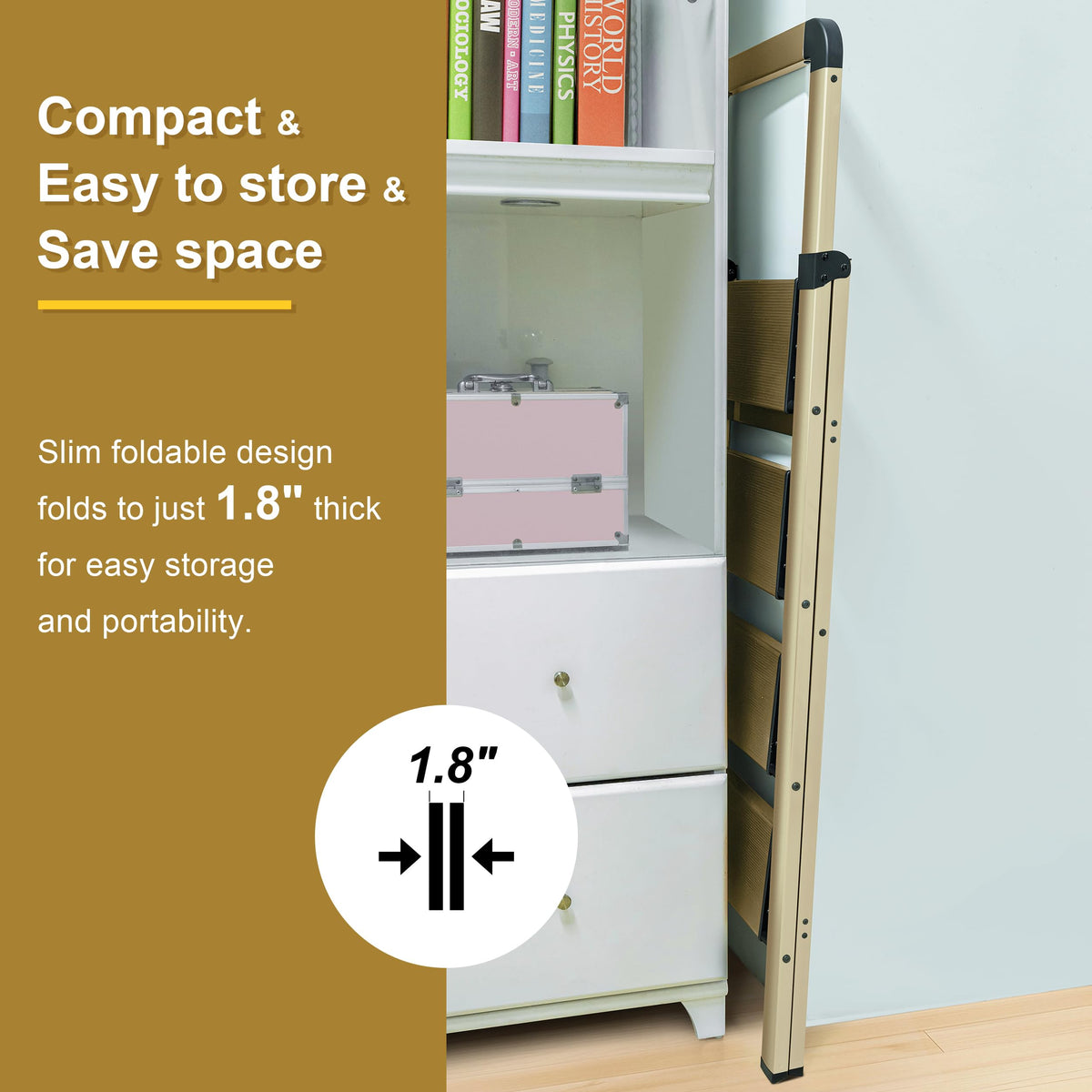 BIBKOKE Step Ladder 4-Step Champagne Gold Finish Aluminum Folding Step Ladders,Anti-Slip Max 330 lbs