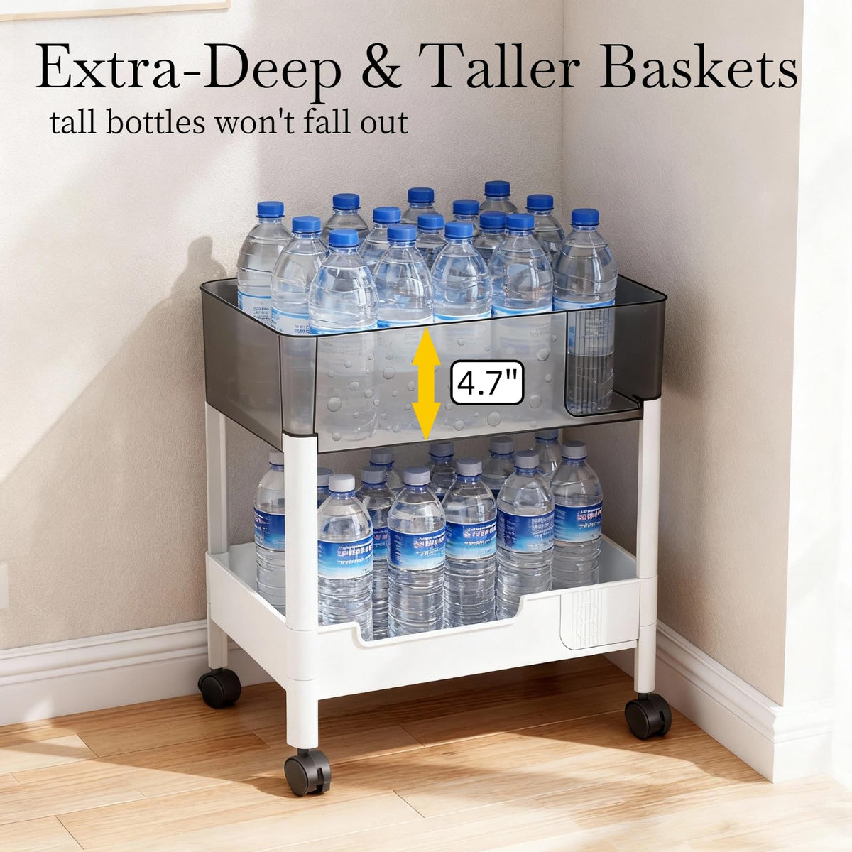 2 Tier Rolling Cart with Wheels for Under Desk Storage, Heavy Duty Plastic Short Small Utility Cart for Small Space Bathroom Vanity Makeup Organizer Pantry, 4.7'' Deep Baskets for Tall Bottles