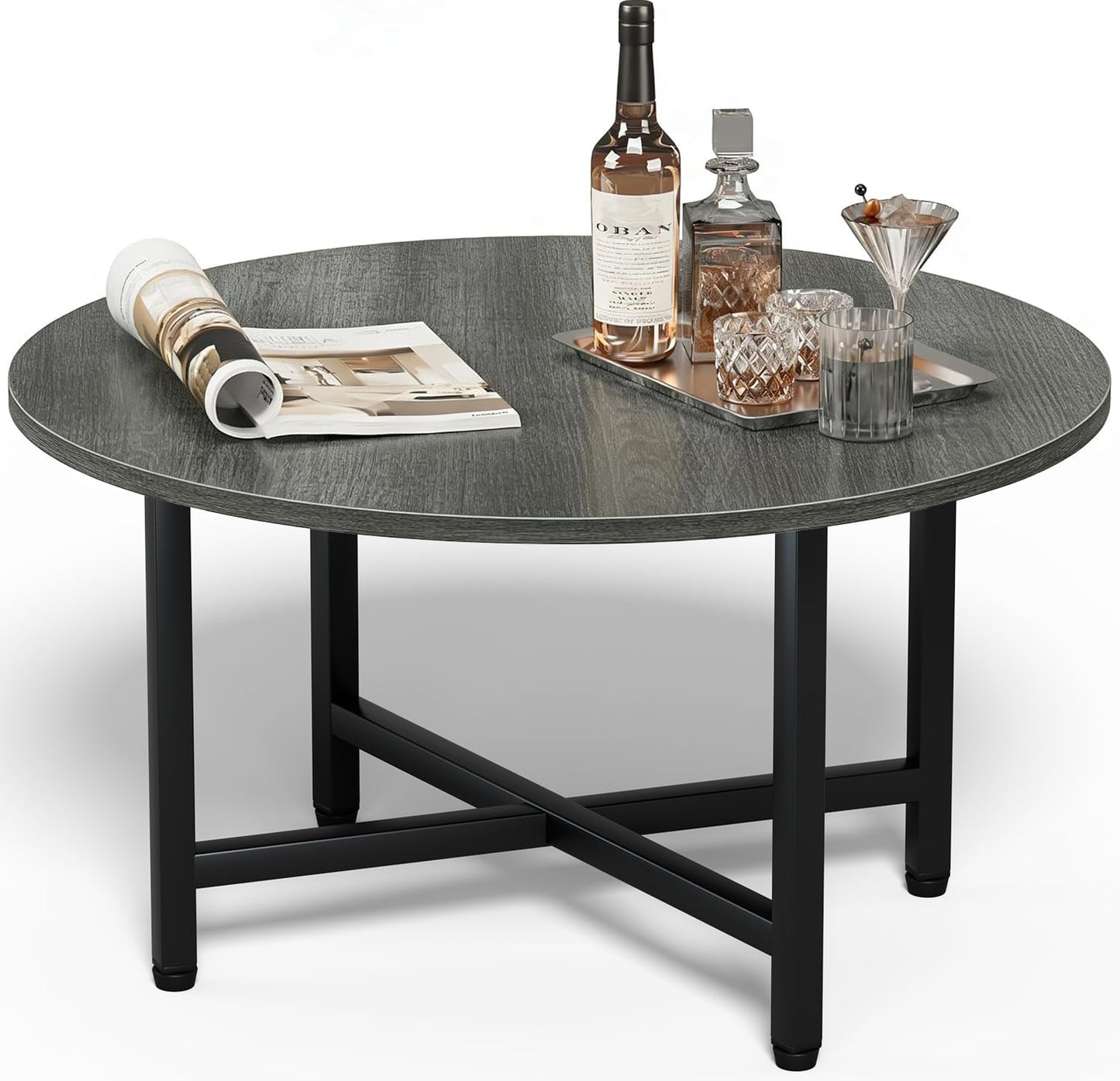 FAMIDGE Coffee Table, 23.6" Coffee Tables for Living Room, Round Coffee Table with Metal Frame, Floor Table for Sitting on The Floor, Home, Office, Elegant Gray