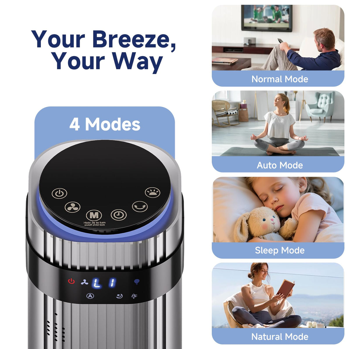 OLIXIS Tower Fan for Bedroom, Floor Standing Fan with Remote, 12H Timer, 5 Speeds, 4 Modes, LED Display, Portable Bladeless Oscillating Cooling Fan for Indoor, Home, Office