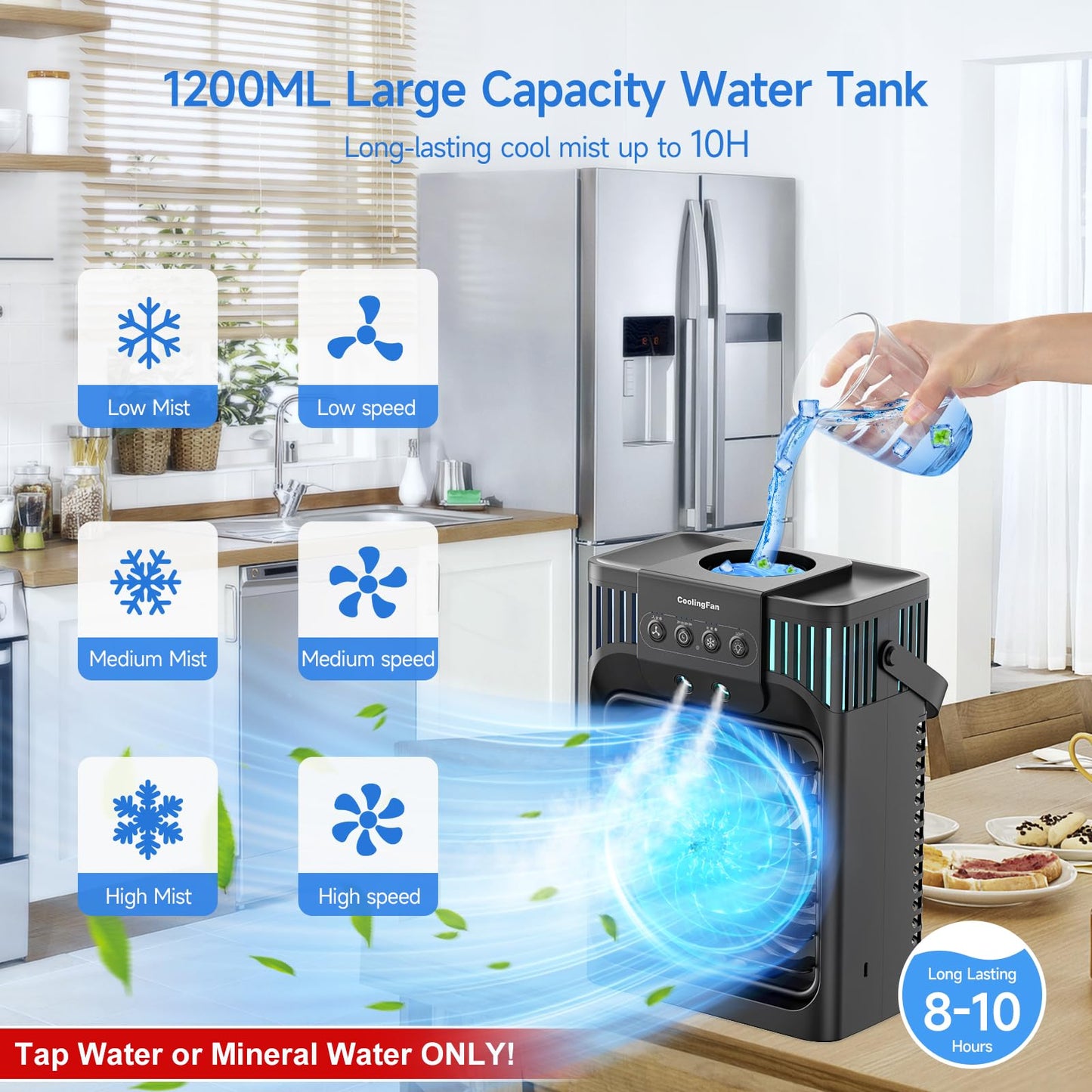 Serantzon Portable Air Conditioners, 4-in-1 Evaporative Air Cooler with Remote Control, Cooling Fan with 3 Modes, 3 Speeds & 7 LED Lights, 2-8H Timer, 1200ML Personal Mini AC Unit for Home, Bedroom