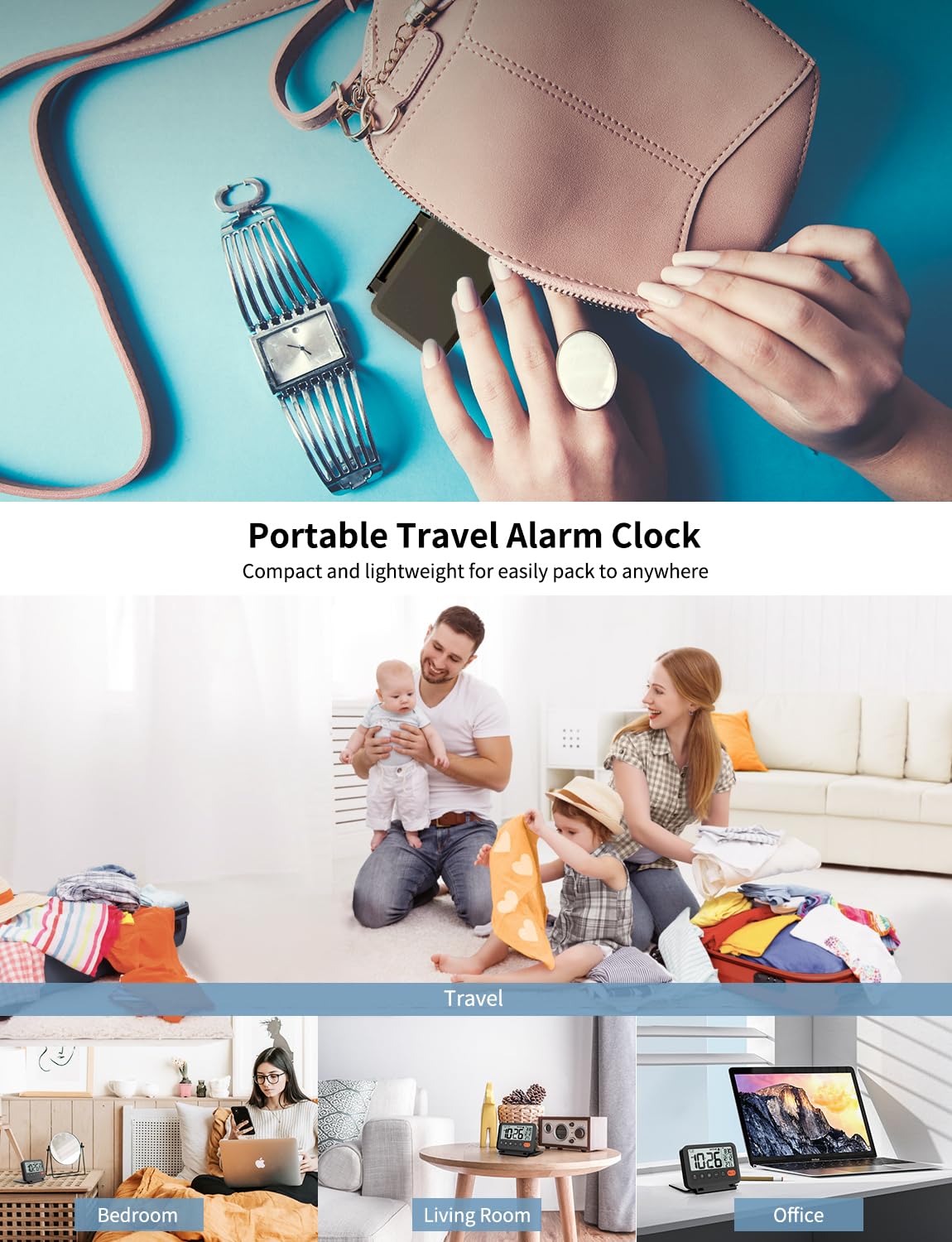 MeesMeek Digital Travel Alarm Clock, Black, 3.54 inch LCD Display, 9-Minute Snooze, 2 Volume Levels, Backlight, Battery Included