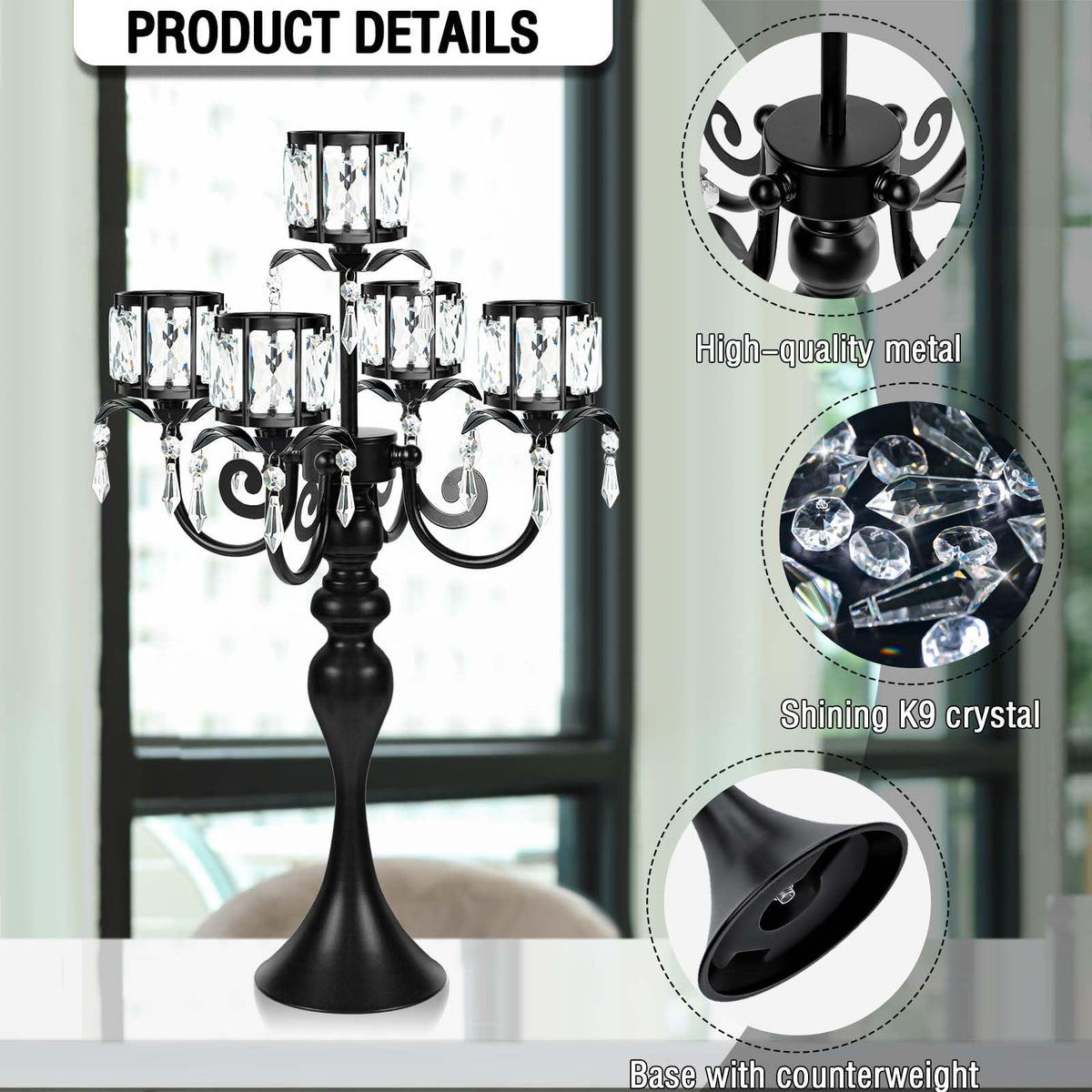 kolnlala 1PC Black 5-Arm Crystal Pendant Metal Candle Holder with Square Crystal Bowl, 22-Inch Tall Wedding Table Centerpiece for Holiday Party Events, Christmas, Birthday Decorations