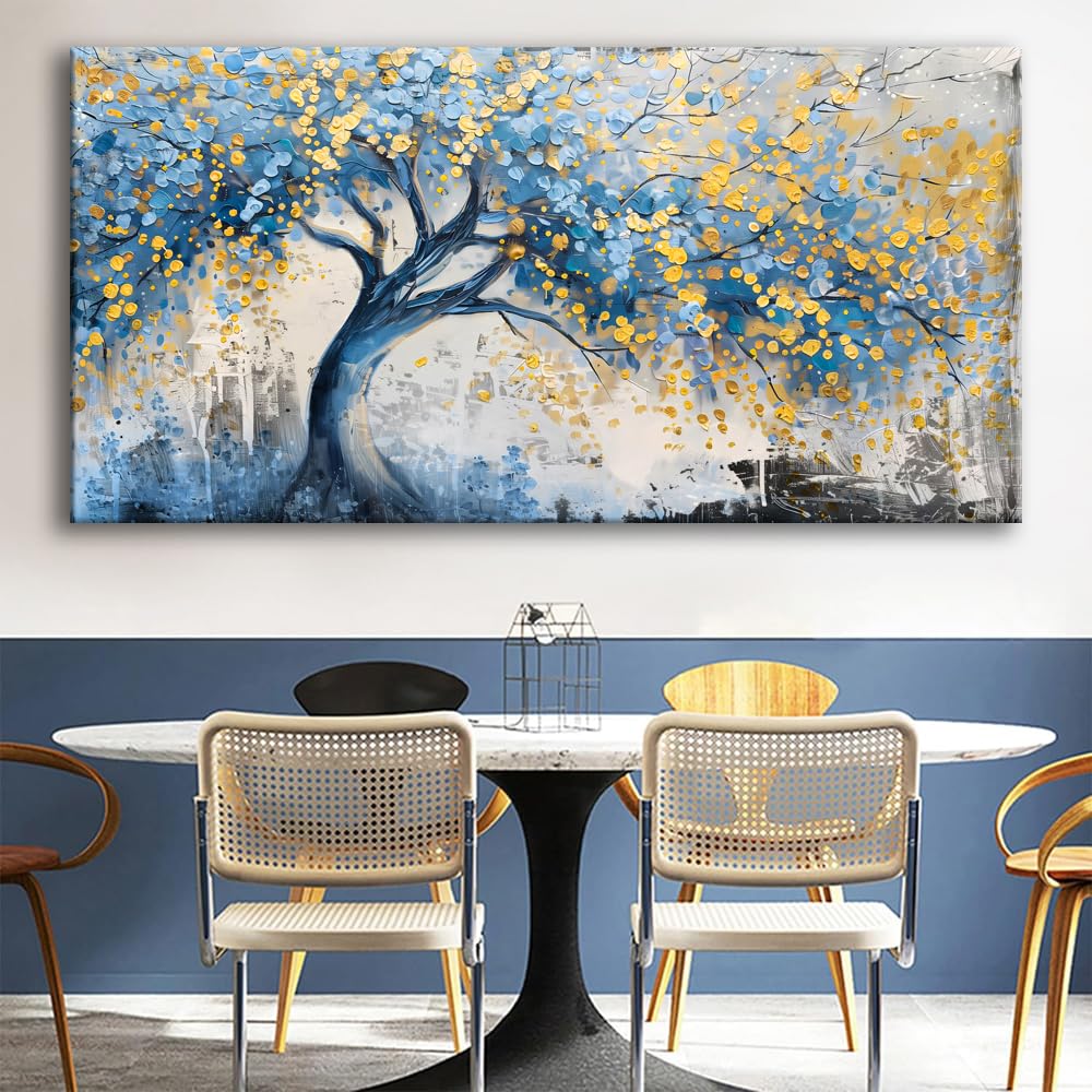 Wall Art Tree of blue Life Abstract Canvas Painting Textured Picture, Modern Landscape Artwork Framed for Living Room Bedroom Bathroom Office Home Decor 40x20in