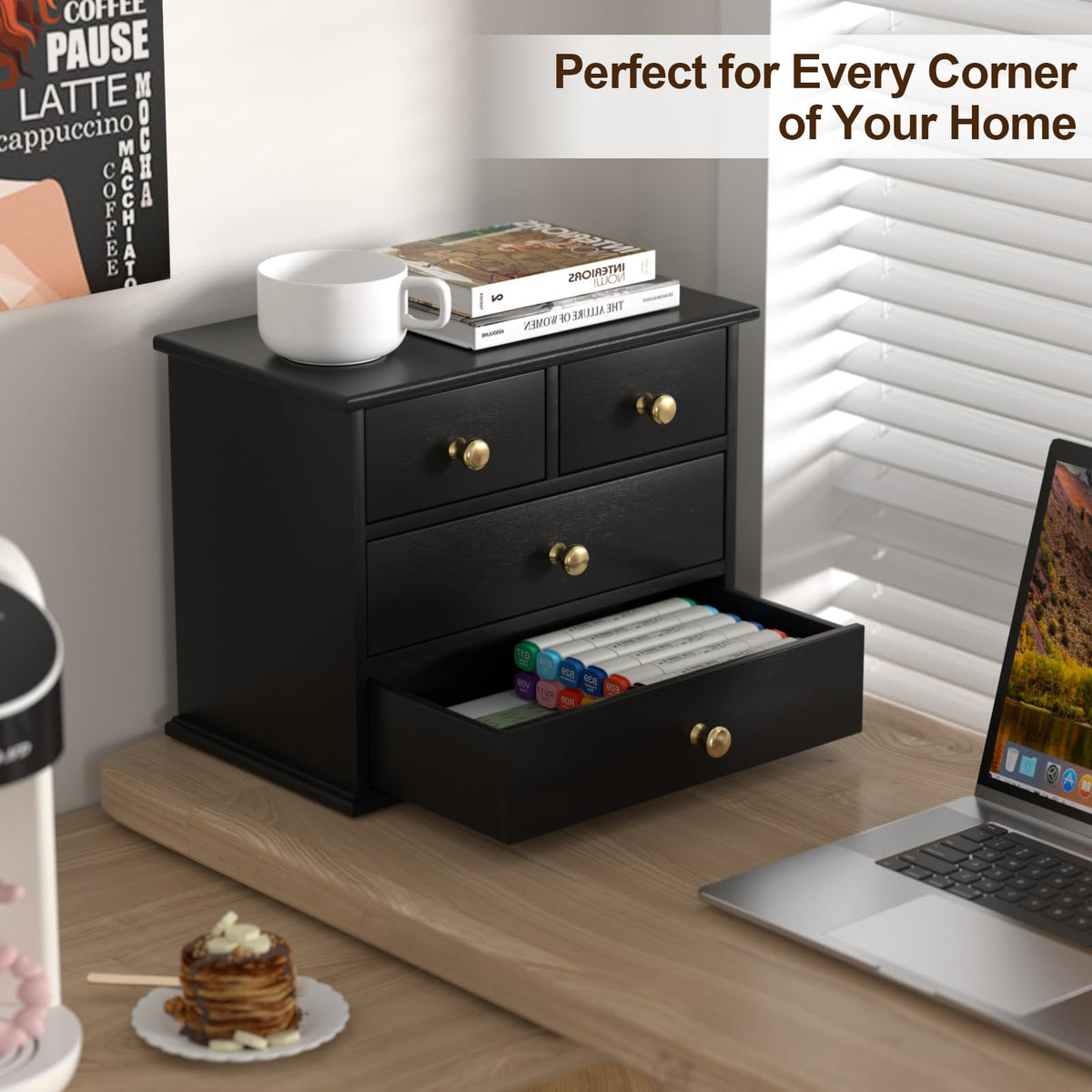 Oak Desk Organizer with Drawers, Durable Wooden Desktop Storage Box with Metal Handles & Non-Slip Silicone Pads, 4 Drawer Tabletop Organizer for Office, Bedroom, Bathroom, Vanity, and Makeup – Black