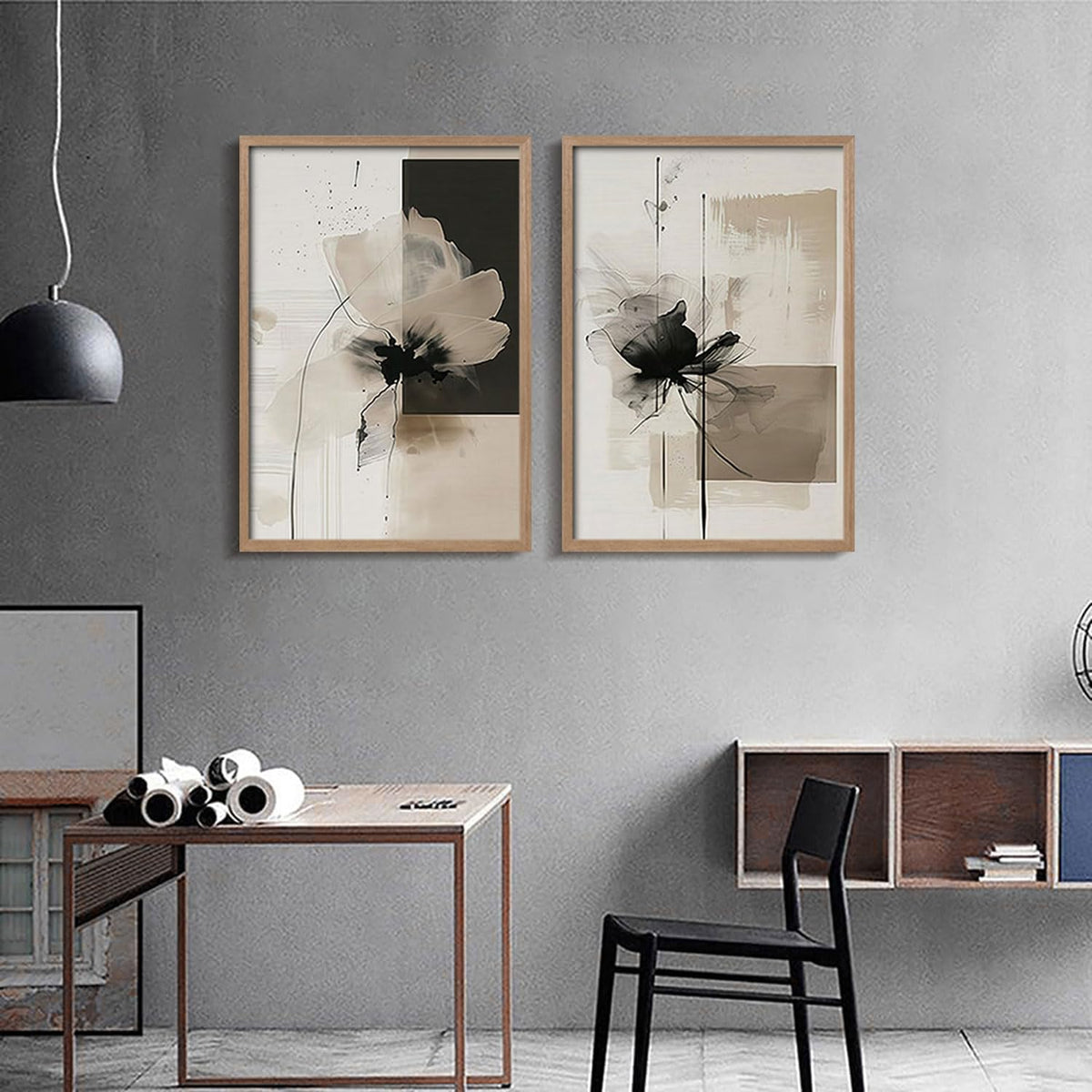 2Pcs Framed Black and White Flower Abstract Wall Art Modern Neutral Canvas Prints Posters Pictures Gallery Wall Decor Living Room Bedroom Office Apartment 12X16 Inch Ready to Hang
