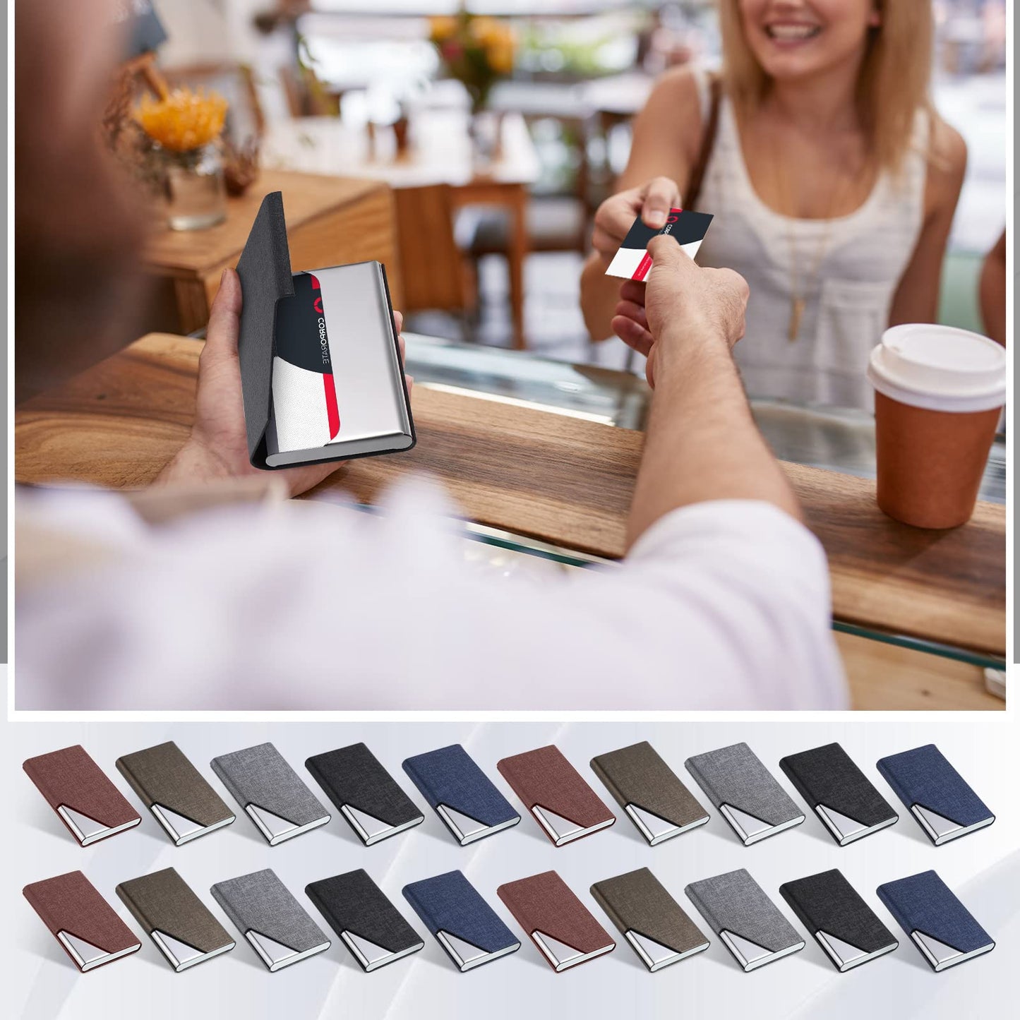 Yexiya 20 Pieces PU Leather Business Card Holder with Magnetic Closure Stainless Steel Slim Wallet Case for ID Credit Card Women Men(Black, Blue, Bronze, Grey, Brown)