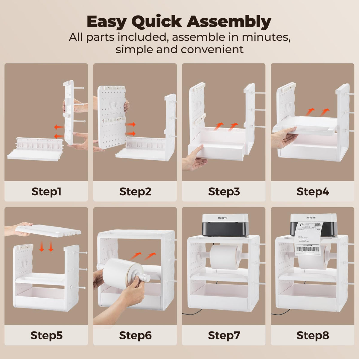 MUNBYN ILH03 4x6 Thermal Label Holder, 5-in-1 Sticker Holder with 3-Tier Shelf, Drawer, Hooks & Pegboard, for Shipping Label Printing, Office, Small Business, Home