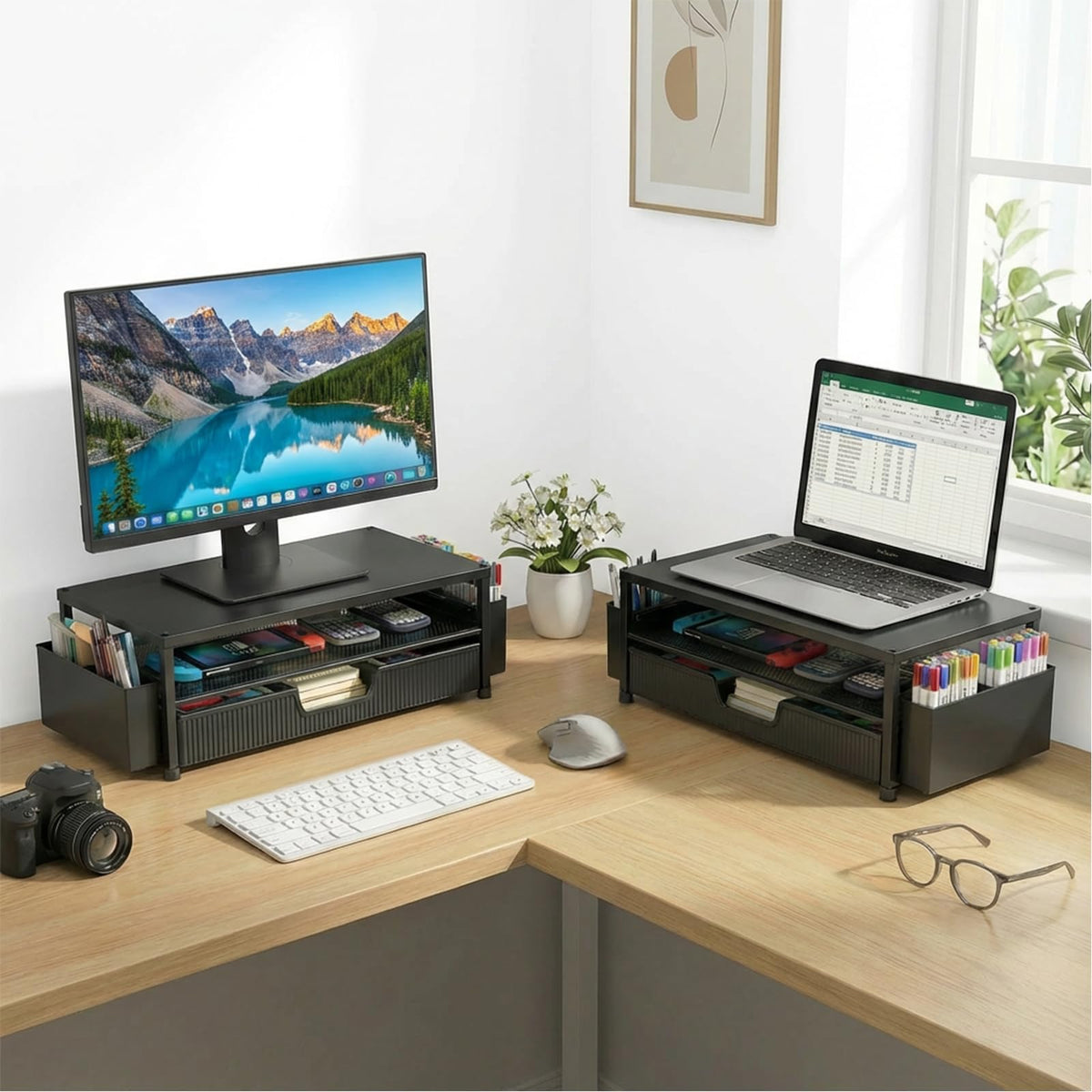 ECOLOVI Desk Organizer and Accessories, 2-Tier Computer Monitor Stand Rise with Storage Drawer & 2 Pen Holders, Laptop & Printer Stand for Desktop, Workspace Organizers for Office Supplies (Black 2-Pack))