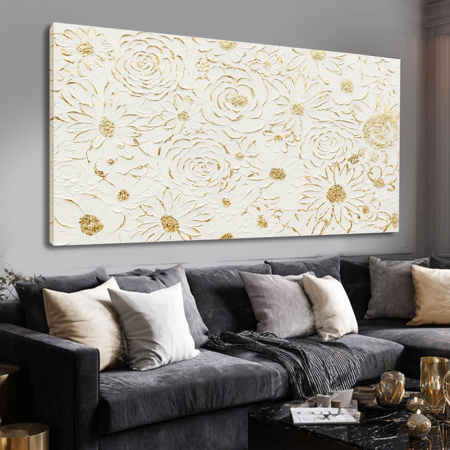 YJYart Large White Canvas Wall Art, Gold Flowers Wall Art for Wall Decor,Office Arts,Living Room or Bedroom Artwork Picture, Hallway Decoration 24"x48"