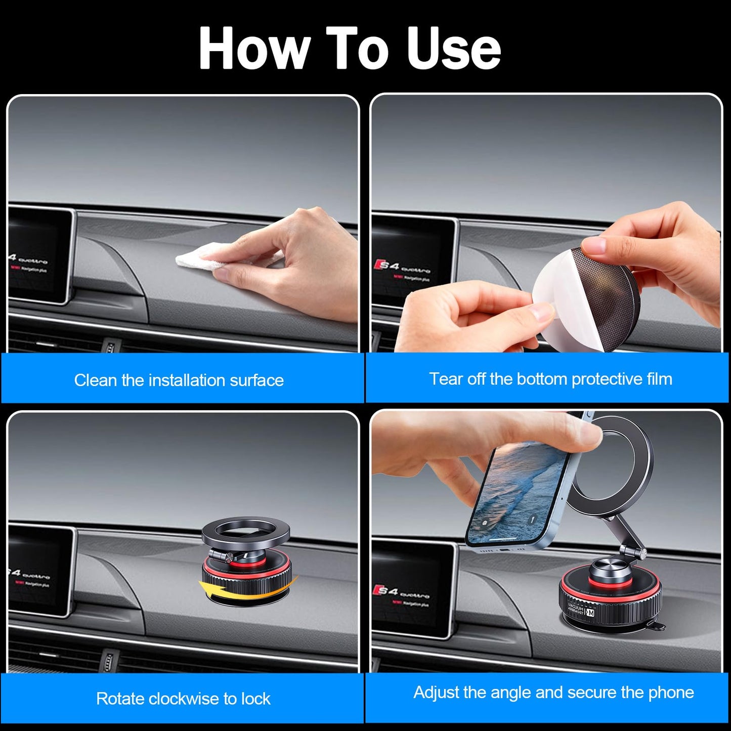 makecatch Magnetic Car Phone Mount, 120+ LB Vacuum Suction & 3000gf Magnetic Force, 360° Triple-Axis Adjustable Car Holder for iPhone & All Phones, Twist-Lock Suction Cup, Quick-Release (Black)