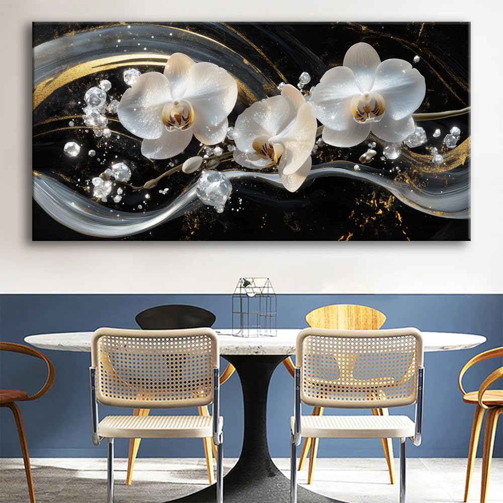 White Orchid Canvas Wall Art - Modern Floral Picture for Living Room, Bedroom Wall Decor, Framed Wall Art for Home Decoration, Elegant Flower Paintings Ready to Hang, Large Wall Art 50x100cm(20x40in)