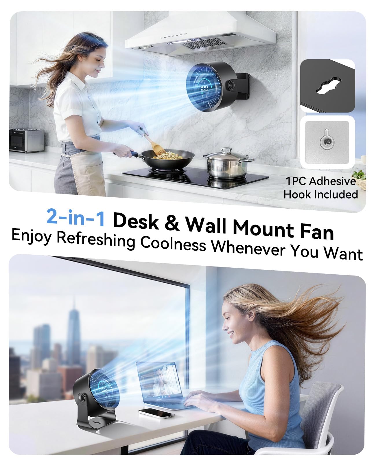 DIGIX Rechargeable USB Desk Fan for Bedroom, 100 Speeds, 360° Rotation, Wall Mounted Design Small Portable Table Fan with LED Display, Quiet Personal Desktop Cooling Fans for Home Office (Black)