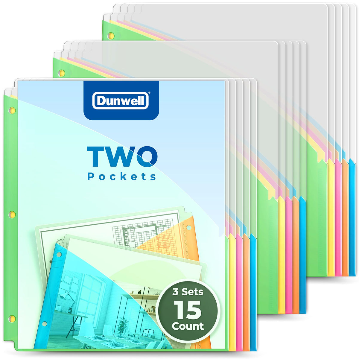 Dunwell Plastic Binder Pocket 3 Hole Punched (3 Sets, 15 Count) Slash File Jackets for 8.5x11 Paper, Project Sleeves for 3 Ring Binder, No Tab, 5 Color Dividers with Front & Back Pockets