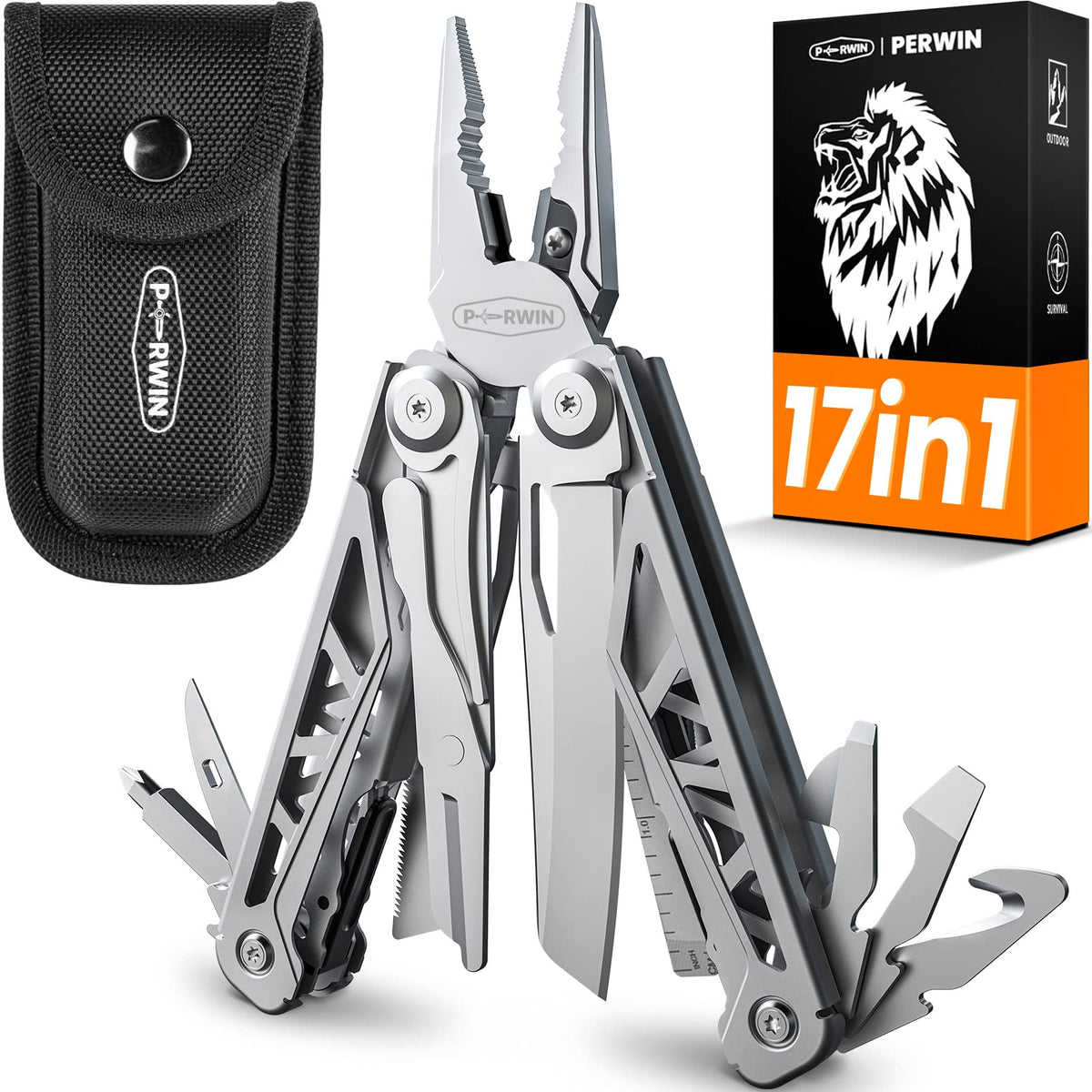 PERWIN Multitool, 17-in-1 Stainless Steel Multi Tool Pliers with Self-Locking, Pocket Knife, Nylon Sheath, Professional (EDC) Multi-Tool for Survival, Camping and Hunting, Hiking, Gifts for Men