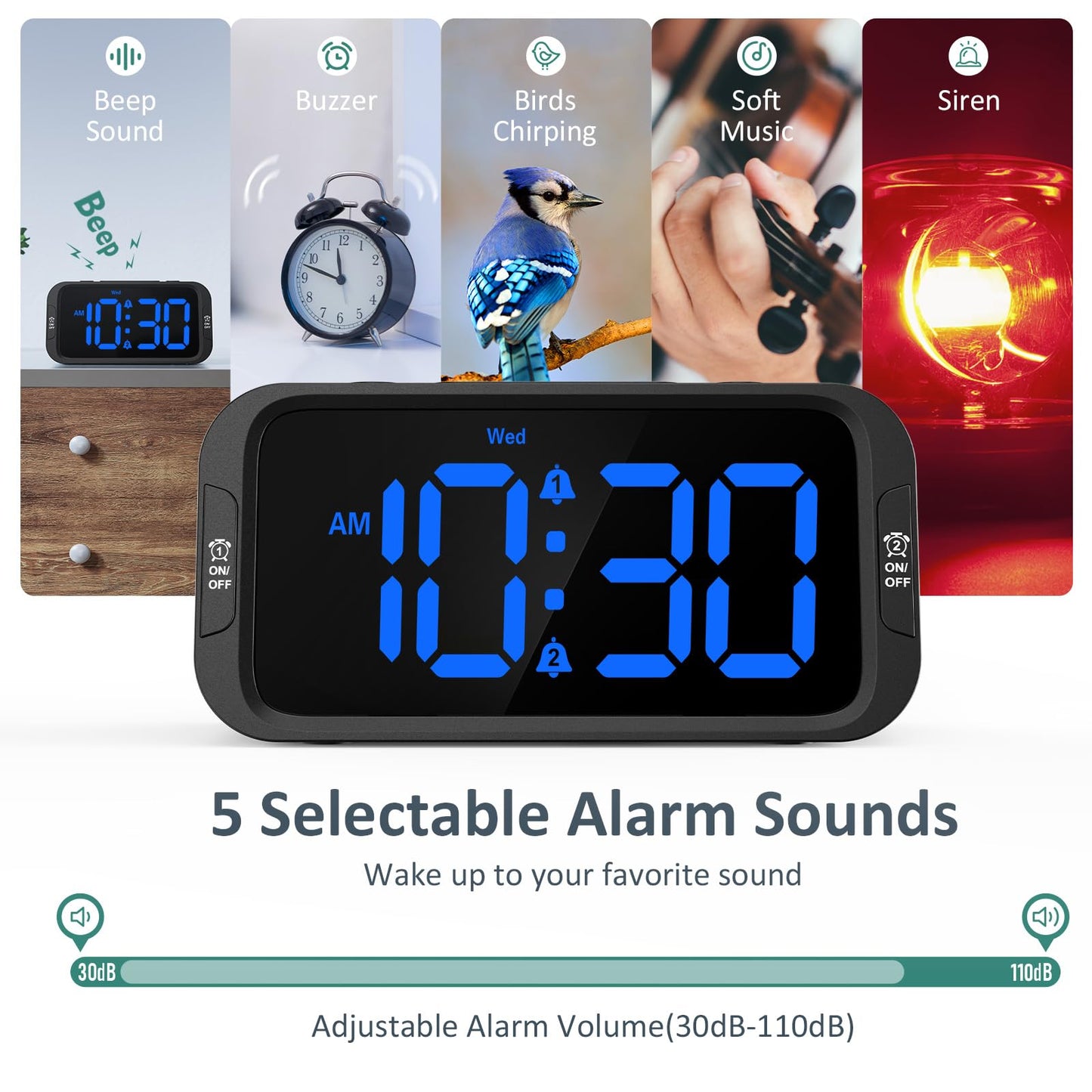 Odokee Digital Dual Alarm Clock for Bedroom, Easy to Set, 0-100% Dimmer, USB Charger, 5 Sounds Adjustable Volume, Weekday/Weekend Mode, Snooze, 12/24Hr, Battery Backup, Compact for Bedside(Blue)