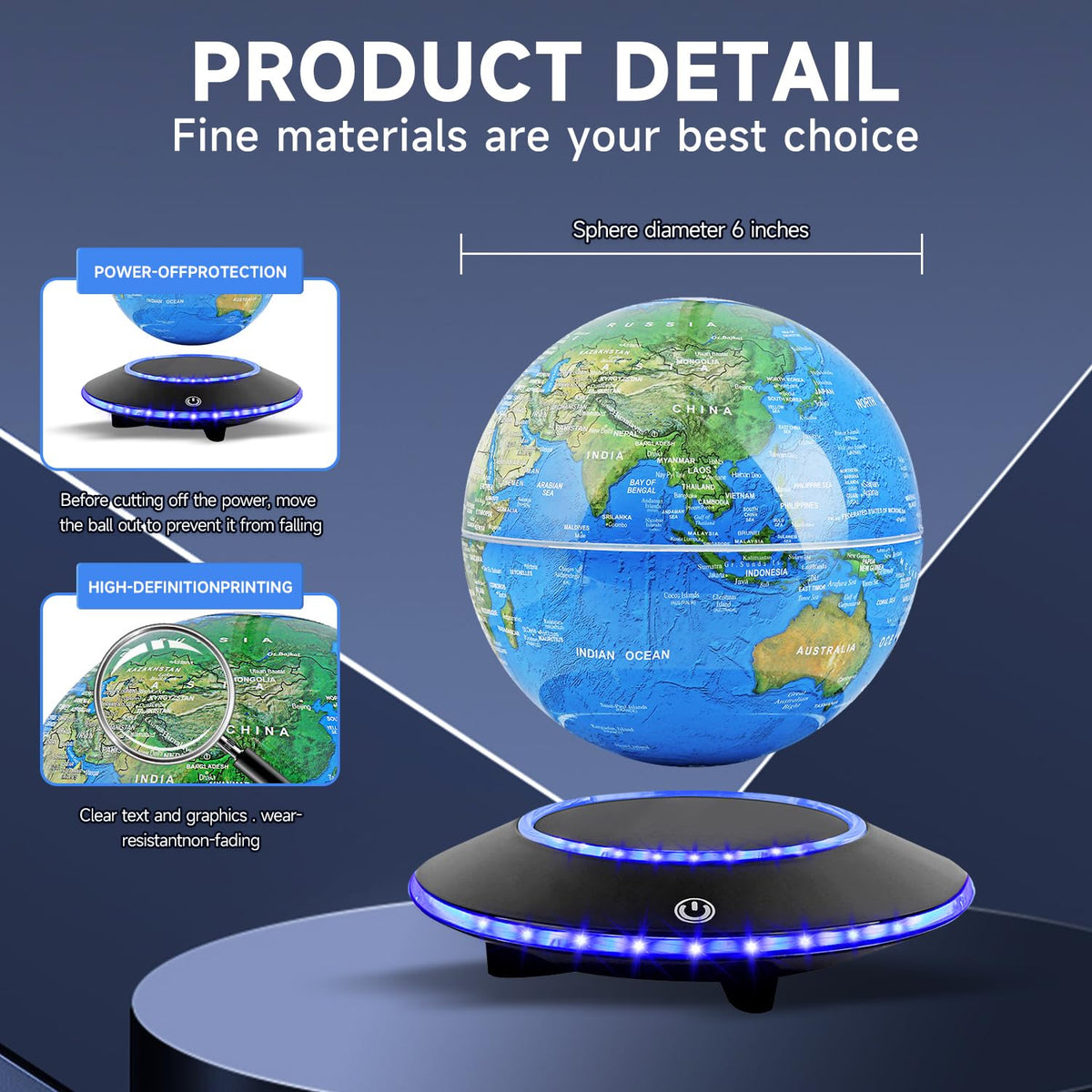 Magnetic Levitating Globe,Cool Gadgets Auto- Rotating Globes Floating Globe World Map Office Decor with LED Light Base for Children Educational Gift Home Office Desk Decoration (6 Inch)