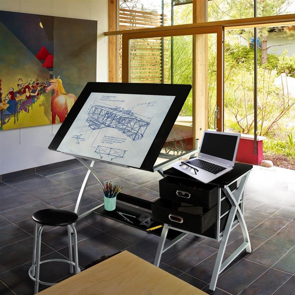 Yaheetech Drafting Desk, Drawing Table for Artists/Adults, Art Desk w/Stool and 3 Slide Drawers, Painting Studio Design Work Station, Adjustable Tabletop, Modern, 50.5 x 24 x 45 inch