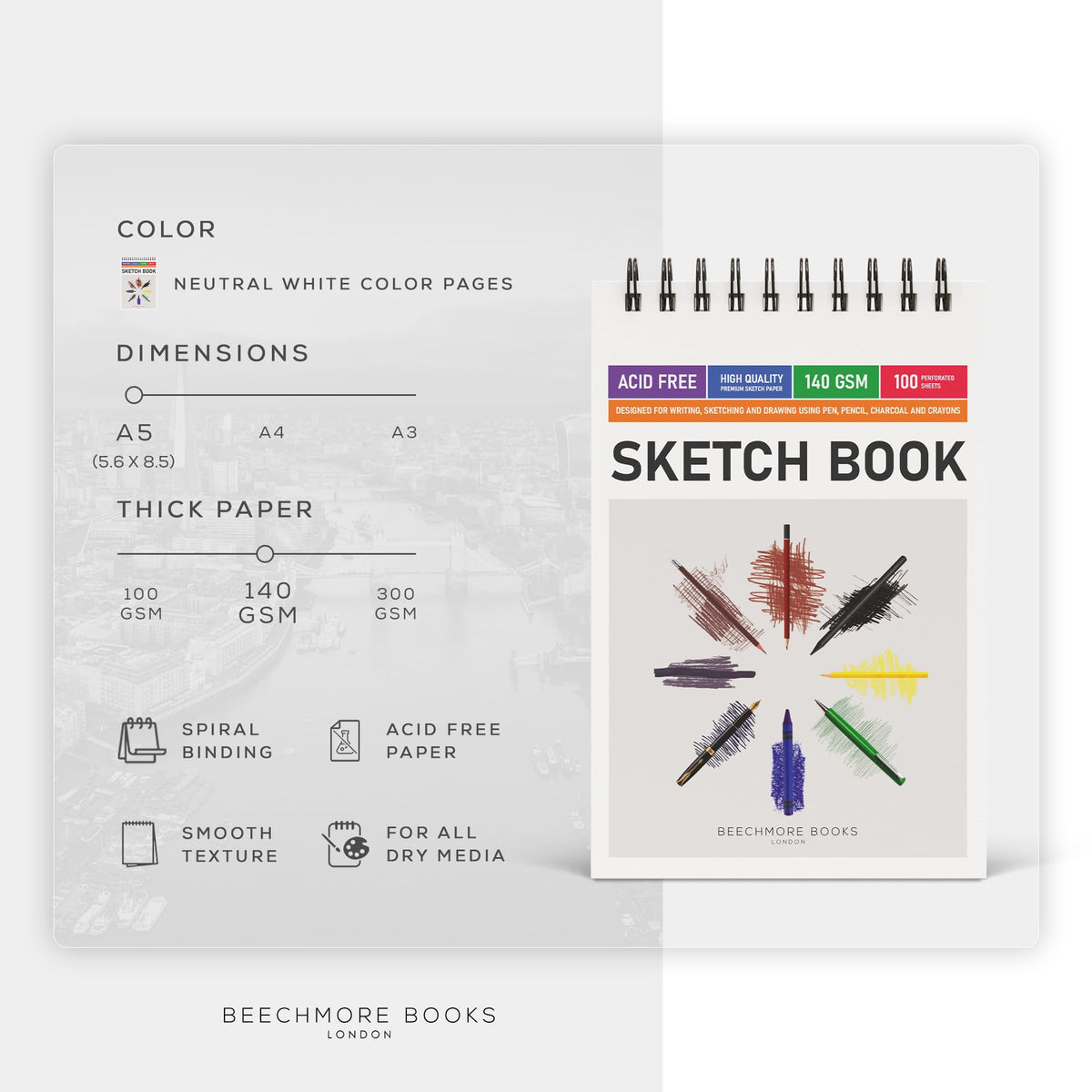 BEECHMORE BOOKS 5.6"x8.5" Spiral Sketchbook – 140 GSM Acid-Free Paper, 100 Perforated Pages, A5 Art Sketch Pad for Drawing & Sketching, Artists, Adults