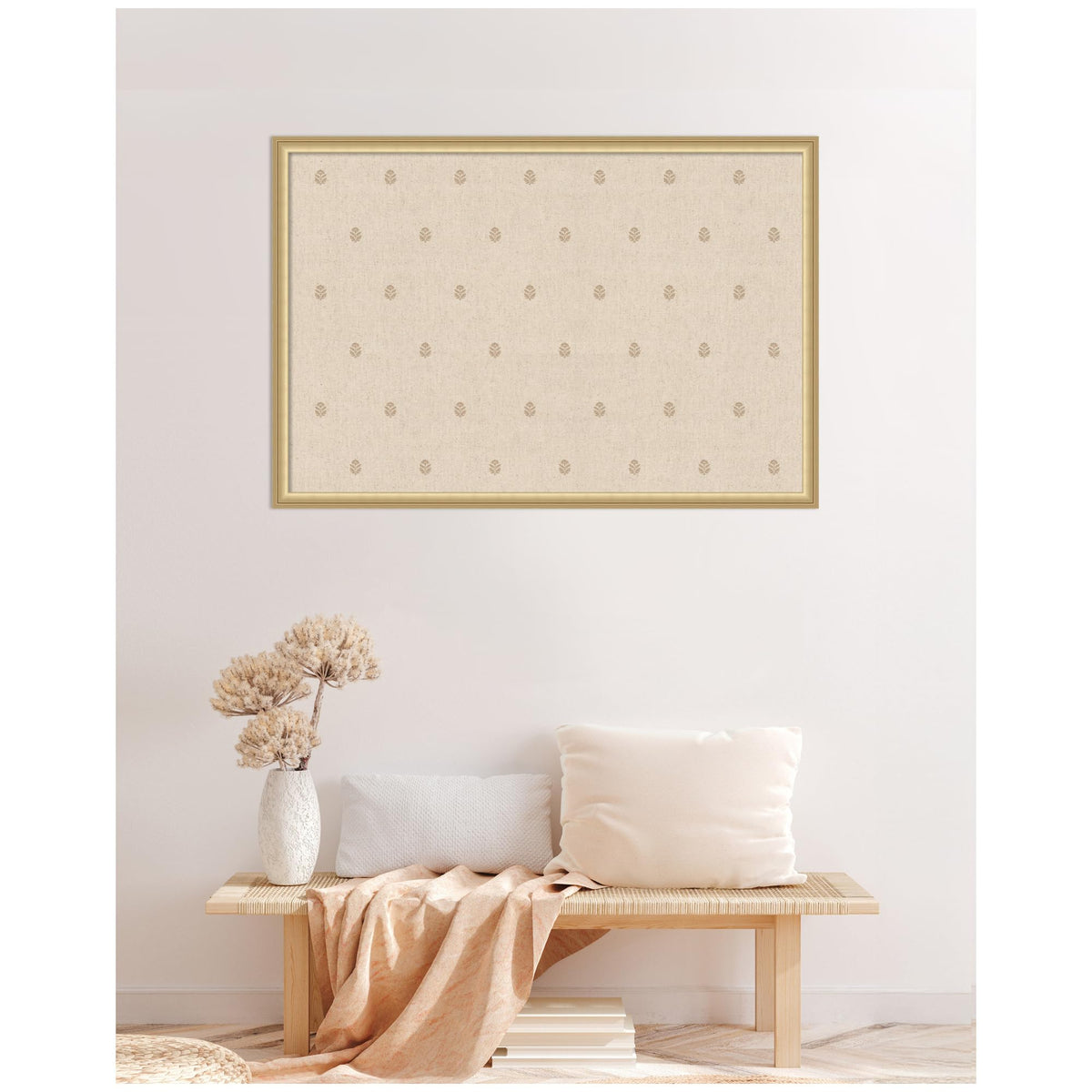 Kate and Laurel Framed Fabric Pinboard 38 x 26, Beige Botanical Block Print Printed Linen Classic Bulletin Board for Use as a Vision Board or Wall Organization, Florence Gold Frame