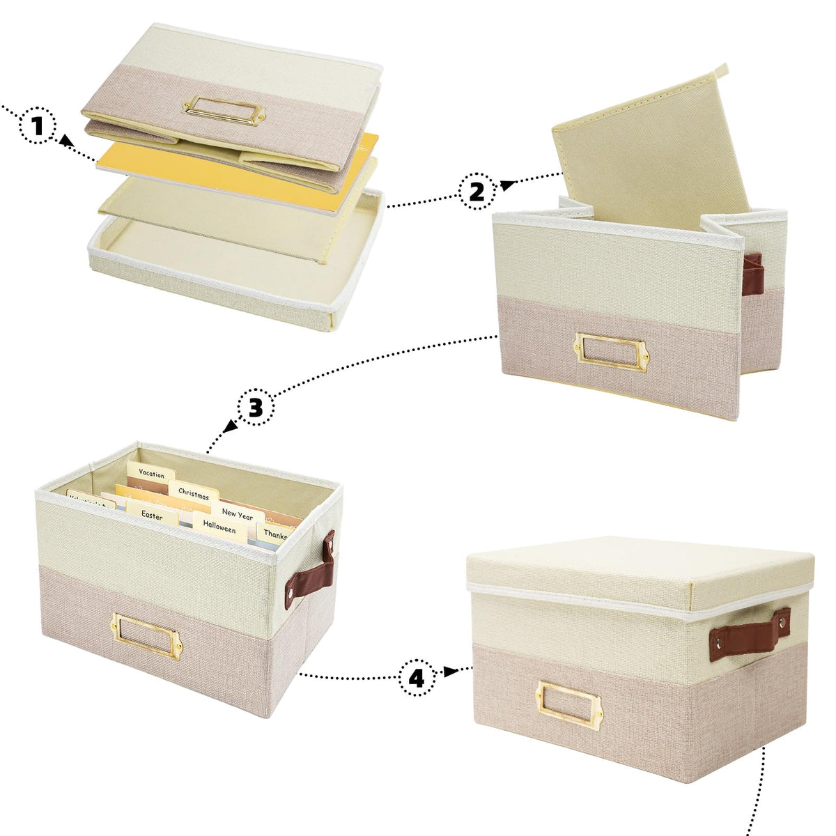 Remowith Greeting Card Organizer, Linen Storage Box with 20 Removable Dividers, 84 Labels & 1 Marker, Perfect for Greeting Cards, Photos, Envelopes, Stickers, Postcards, Beige&Khaki