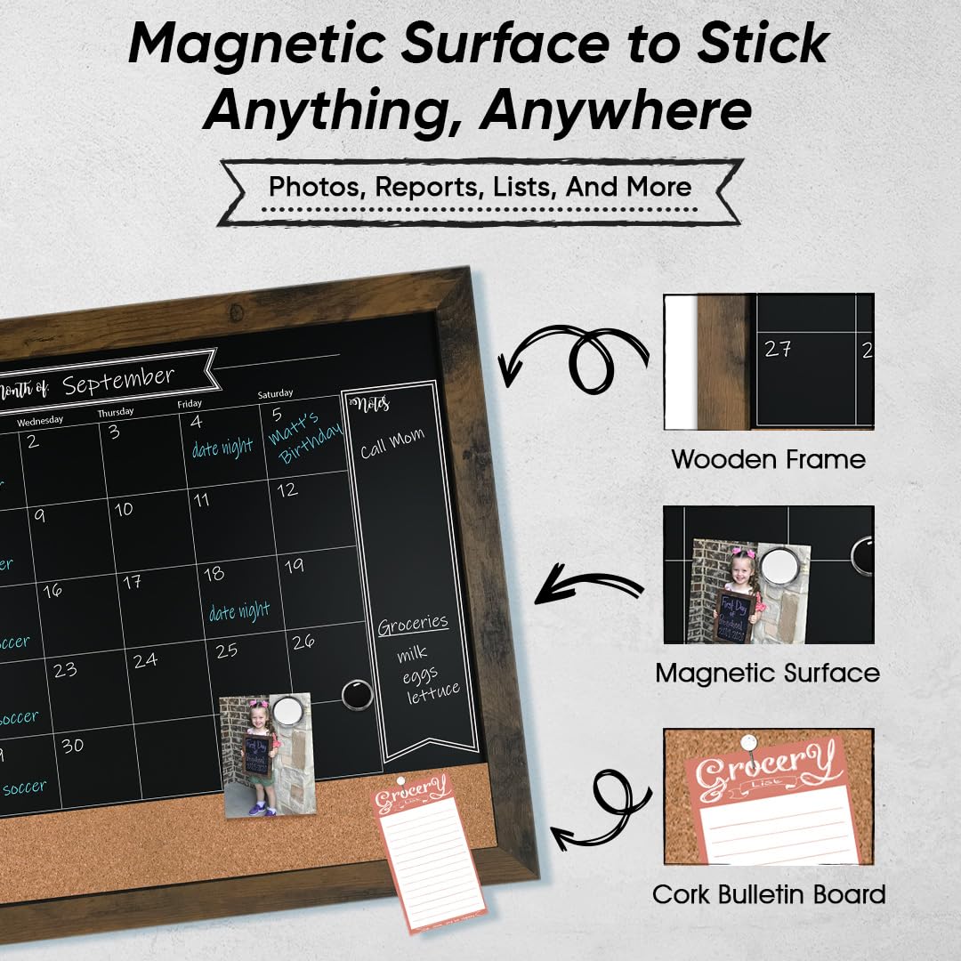 Loddie Doddie Chalkboard Calendar & Bulletin Board - 18 x 24 in, Rustic - Easy-Clean Calendar Chalkboard for Wall - Menu Sign for Meal Planning - Magnet Display for Photos & Souvenirs