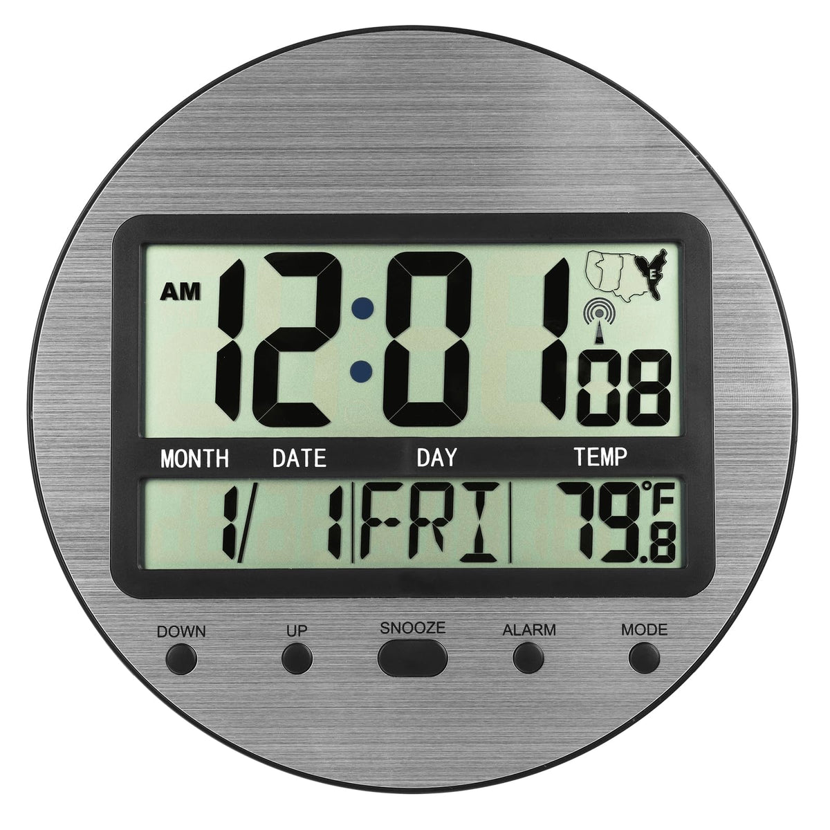 Atomic Digital Wall Clock Battery Operated, Self-Setting, Large Display with Temperature, Date, Day of The Week, Seconds, Round Wall Mount Digital Clock - 4 Time Zones, DST, Aluminum Metal Dial