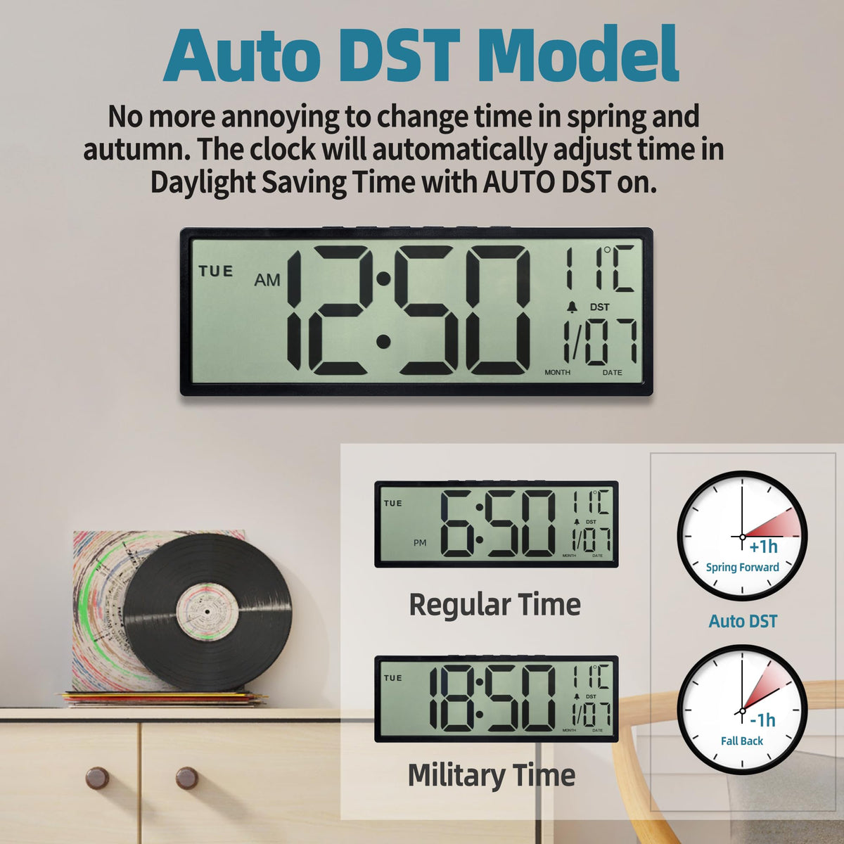 Henescribe 15" Large Digital Wall Clock Battery Operated Black, Clock with Large Display Numbers, Calendar, Auto DST, Clocks for Living Room, Kitchen, Office, Bedroom