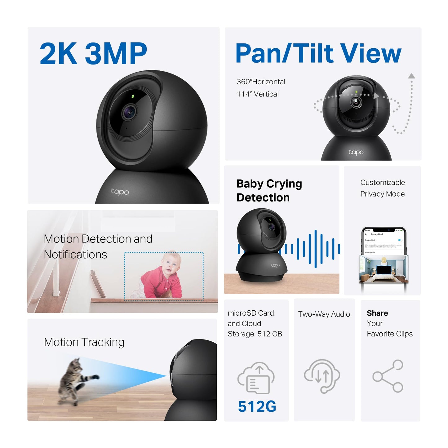 Tapo 2K Indoor Pan/Tilt Wired Security Camera - Works as a Baby Monitor & Pet Camera, Motion Detection, 2-Way Audio, Siren, Night Vision, No-Subscription Local Storage or Optional Cloud, C211 (2-Pack)
