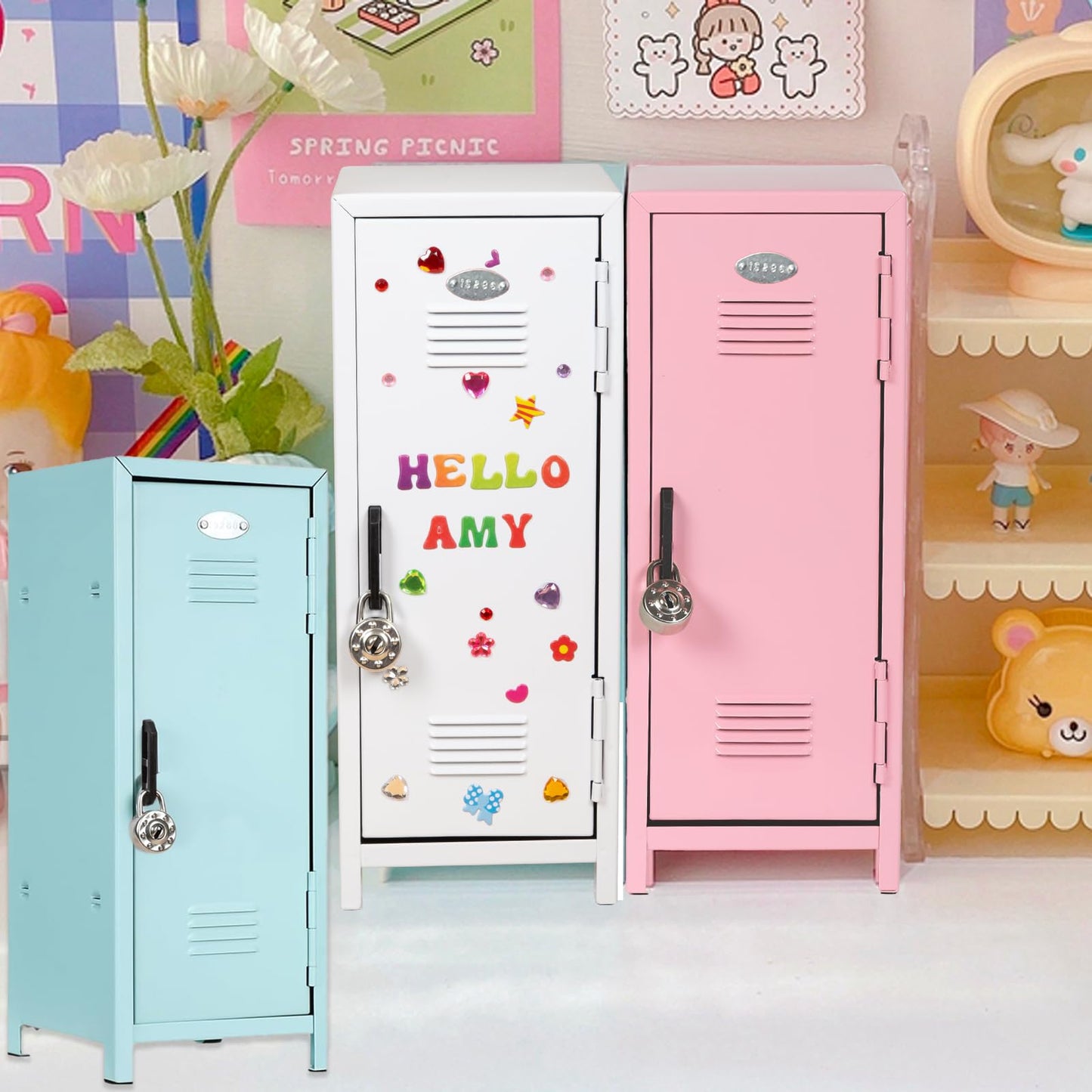 Svartur Mini Locker with Lock & Keys, Stickers, Metal Small Locker for Desktop, Girls Lockbox Desktop Storage Organizer, Money Safe and Cash Lock Box for Girls Safe, Light Blue