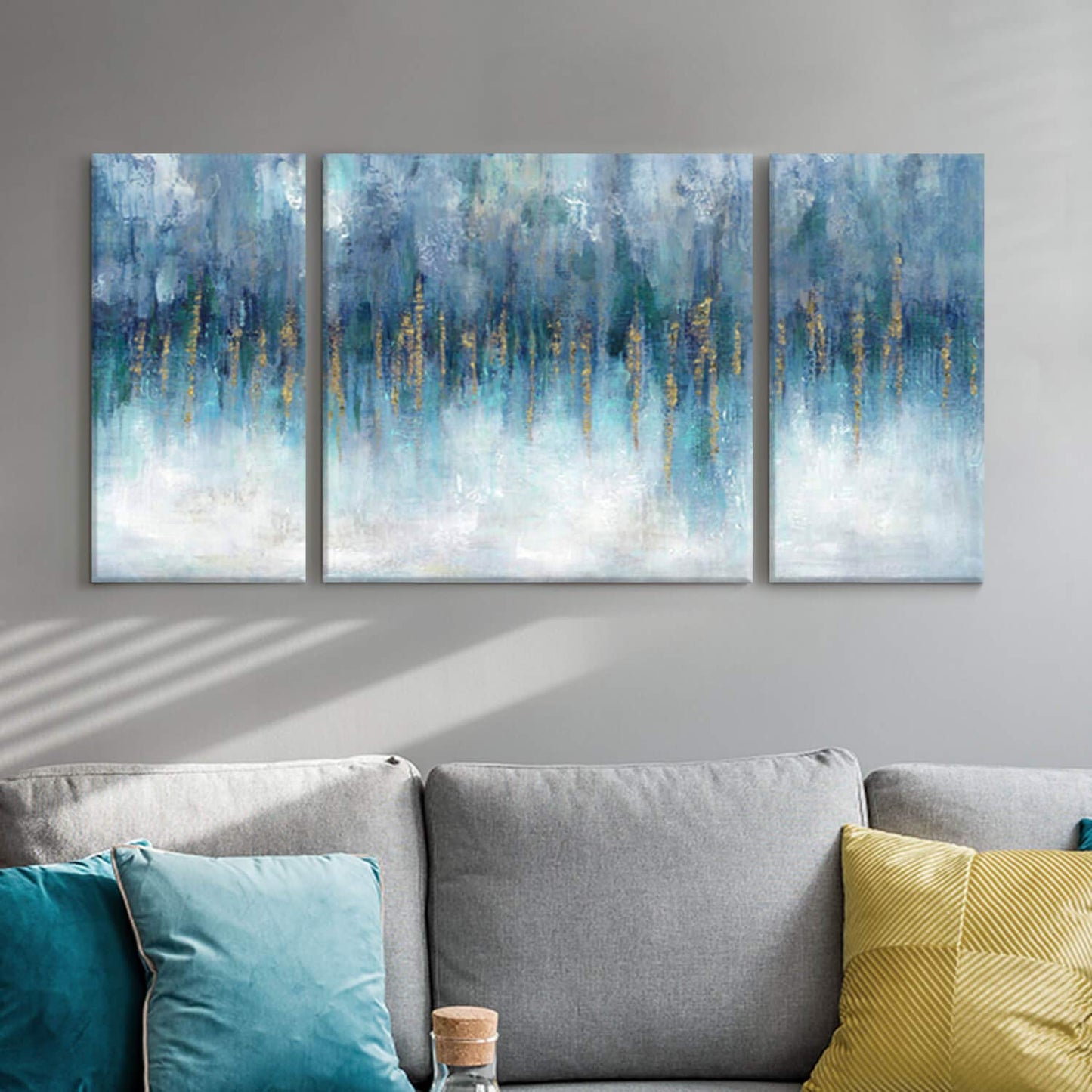 Modern Picture Abstract Canvas Artwork:Blue & White Wall Art on Canvas painting for Office (24'' x 24'' x 1 Panel + 24'' x 12'' x 2 Panels)